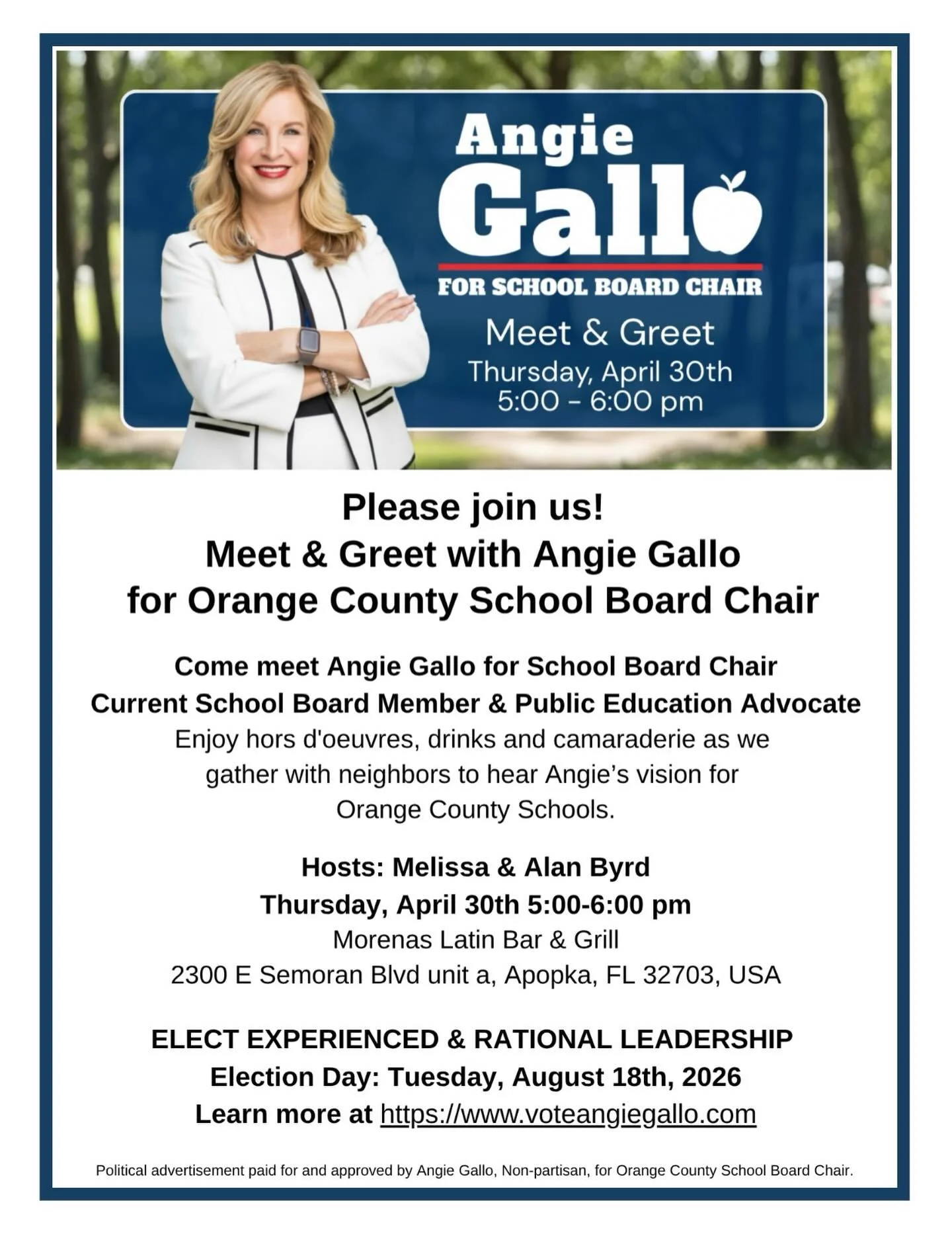 Join us this Thursday from 5 to 6 PM at Morenas Latin Bar &amp; Grill for a chill meet and greet.

Stop by to grab some food, ask questions, and learn more about our vision for Orange County Public Schools. Feel free to bring a friend and we hope to 