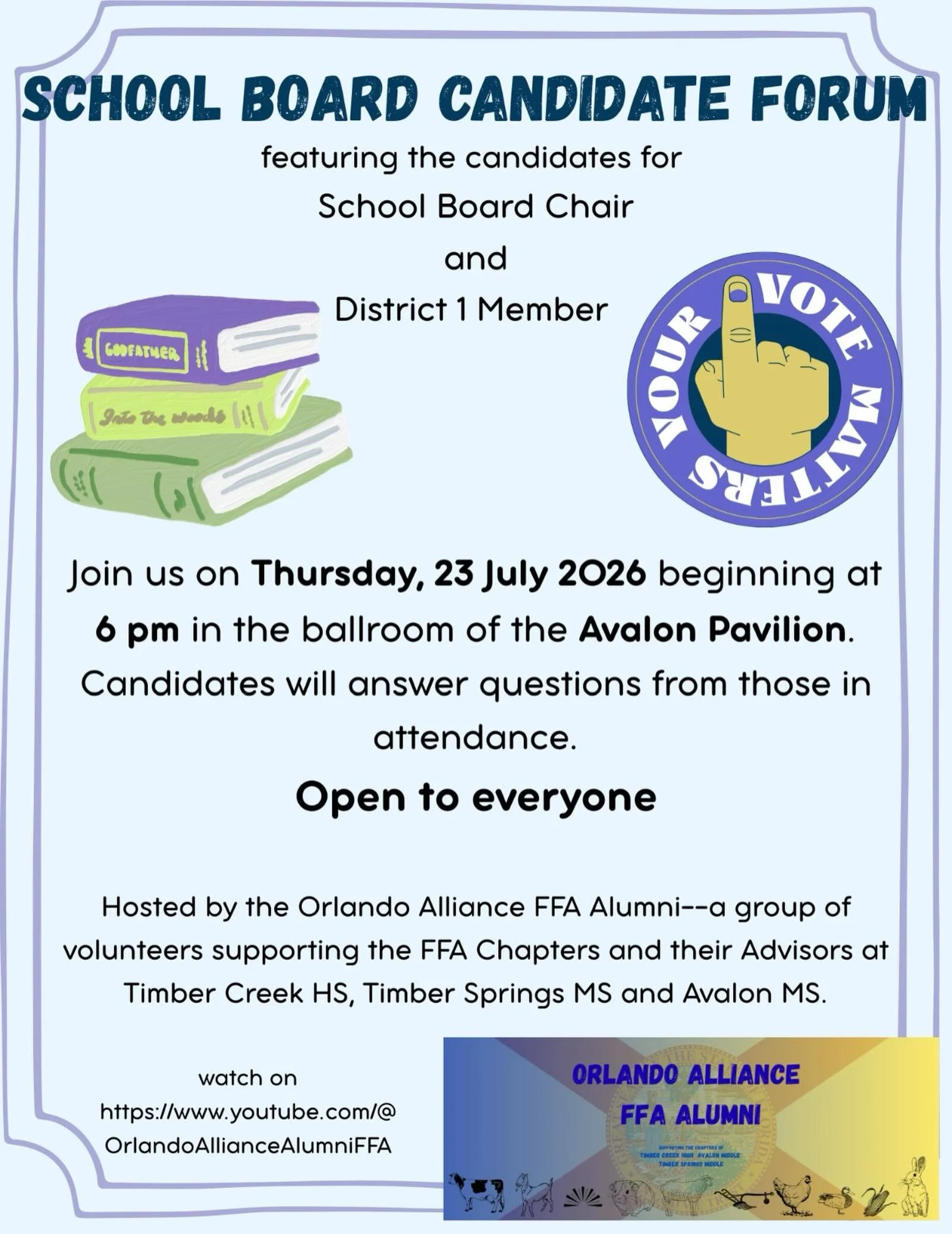 I&rsquo;ll be joining candidates for Orange County School Board to meet with families and educators on Thursday, July 23rd. This is a great opportunity to learn more about School Board candidates and ask questions.

Thank you @orlandoalliancealumffa 