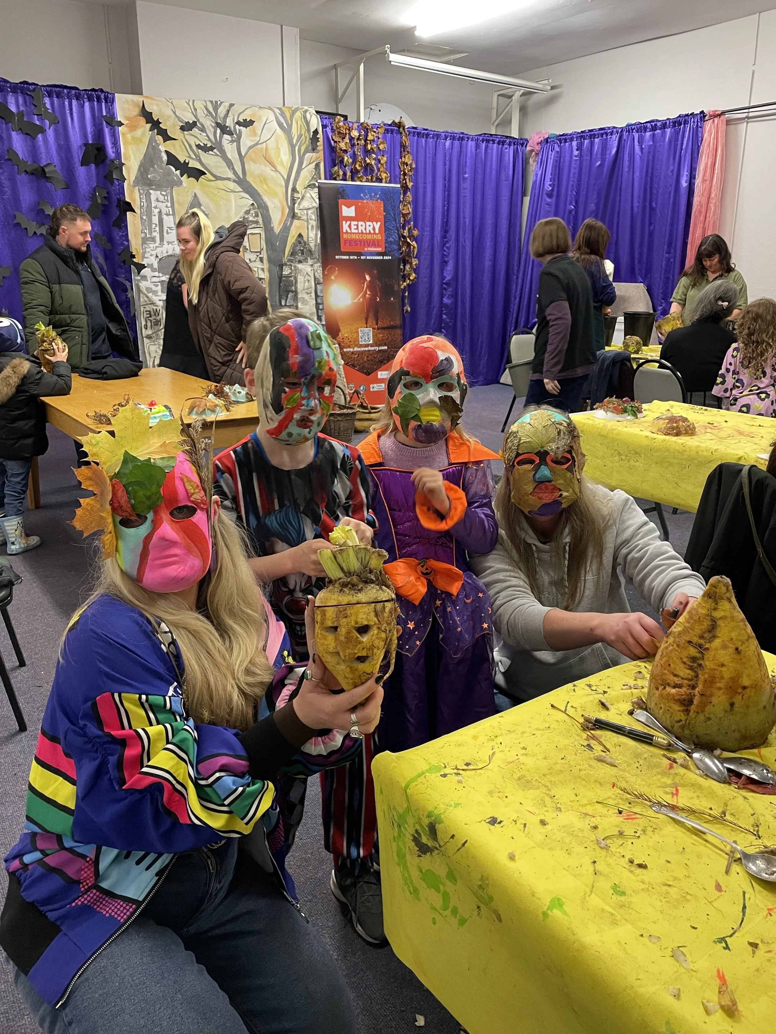 Dingle Druid led a mask making workshop and sugar beet carving class during An Feile Eile at the Sean Scoil in Killorglin, Co Kerry.