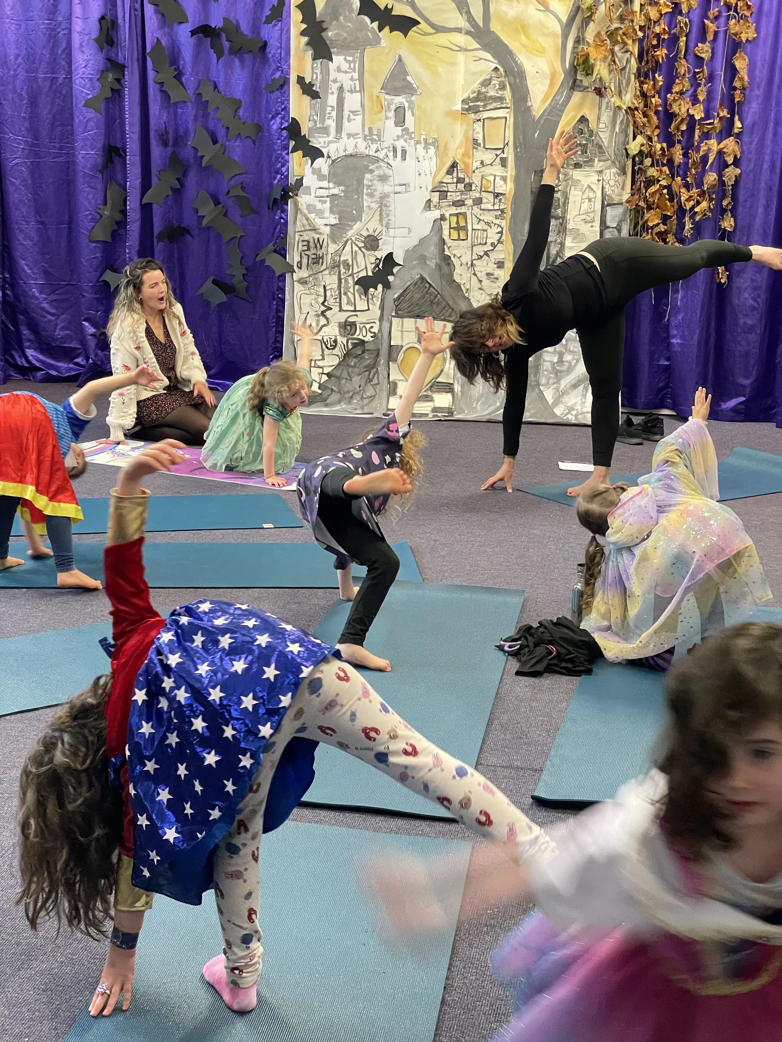 Children participating in a costume yoga at the Sean Scoil in Killorglin, Co Kerry
