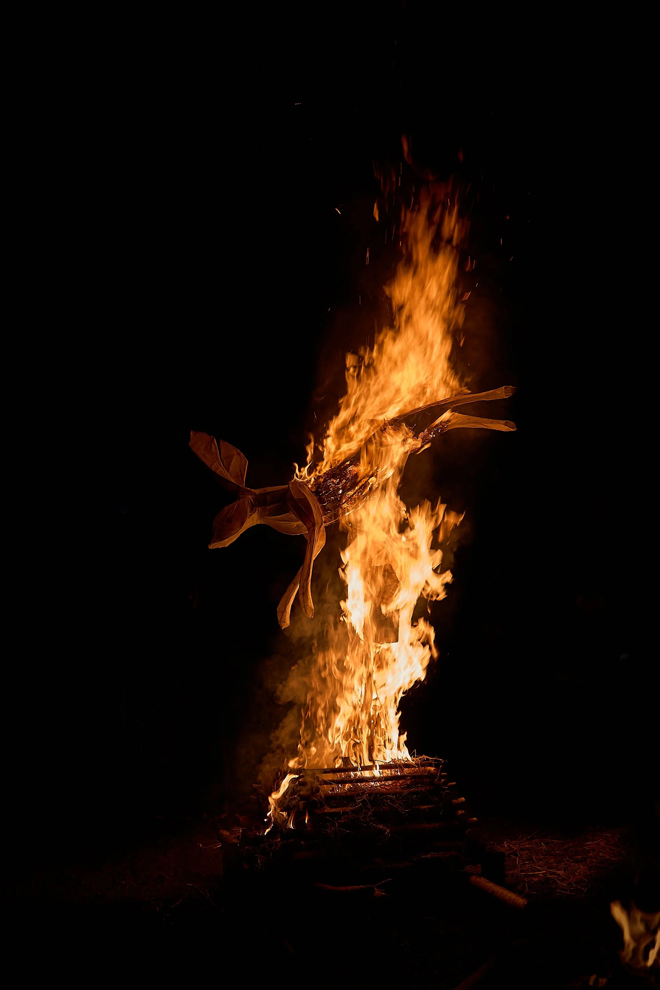 Ancestral Effigy lit on fire as part of the procession on Halloween night. Made by Phil McSweeney of Tralee, lit up at the Grilse Gallery in Killorglin, Co Kerry. An Feile Eile, Halloween Festival