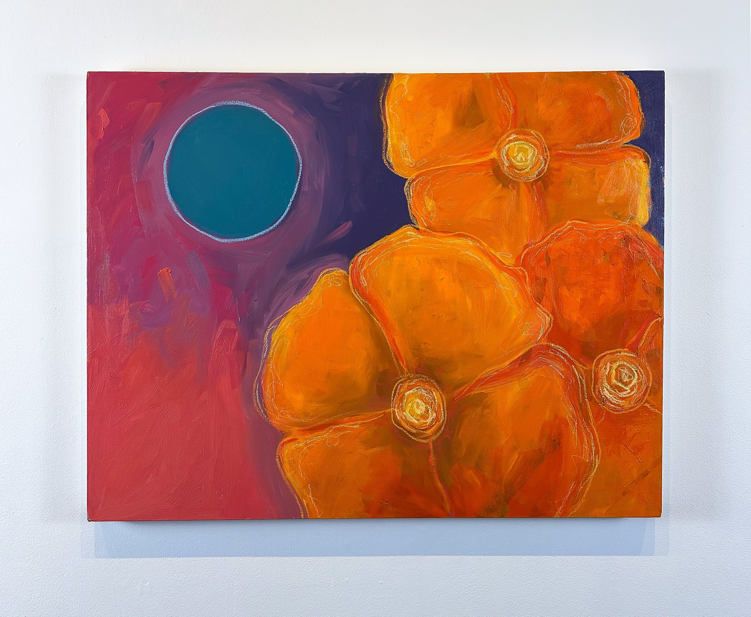 Poppies II, oil paint and oil pastels on canvas, 28x36, 2025

