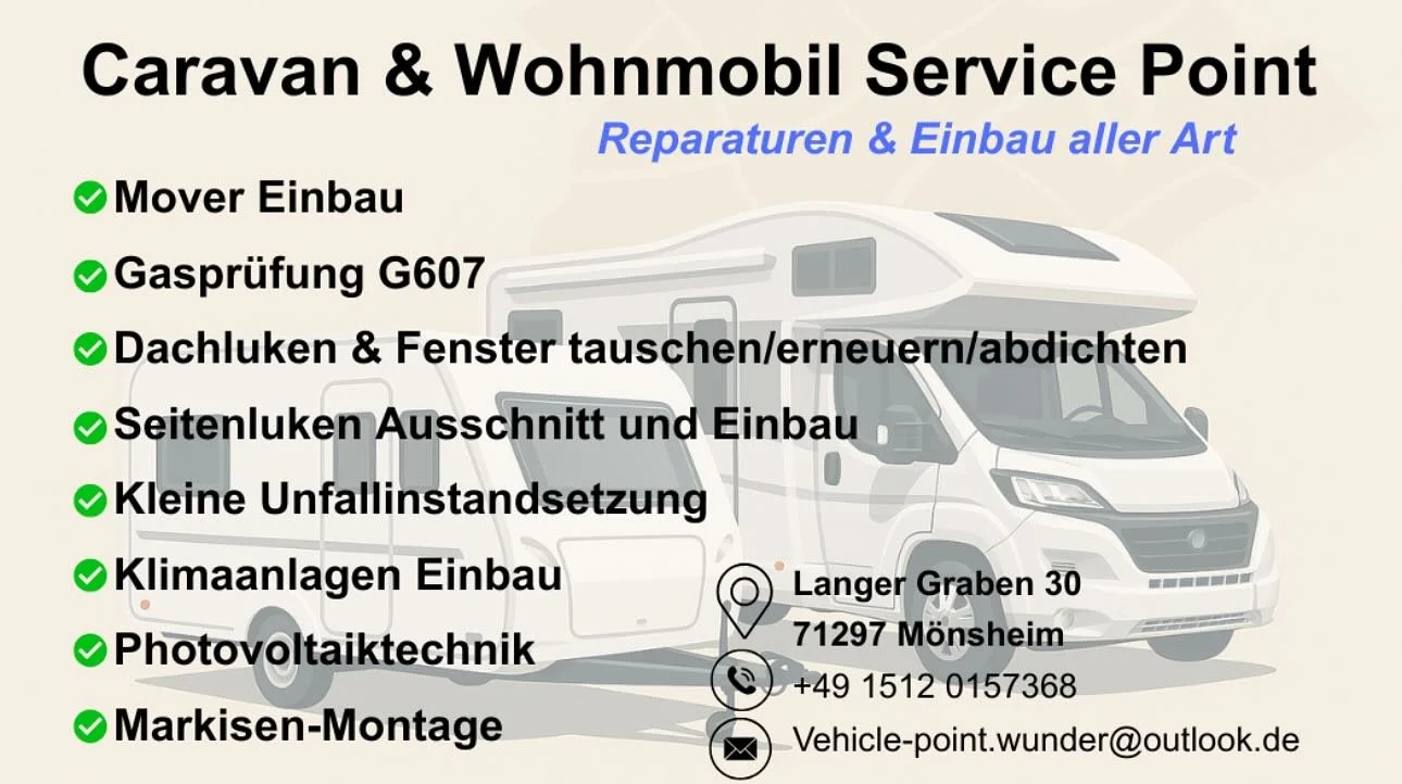 🔧 Dein Profi f&uuml;r Caravan- &amp; Wohnmobilservice in M&ouml;nsheim!
Du suchst zuverl&auml;ssige Reparaturen, Nachr&uuml;stungen oder einen Einbau-Service? Wir helfen dir schnell &amp; kompetent! 🚐💪

✅ Mover-Einbau
✅ Gaspr&uuml;fung G607
✅ Dach