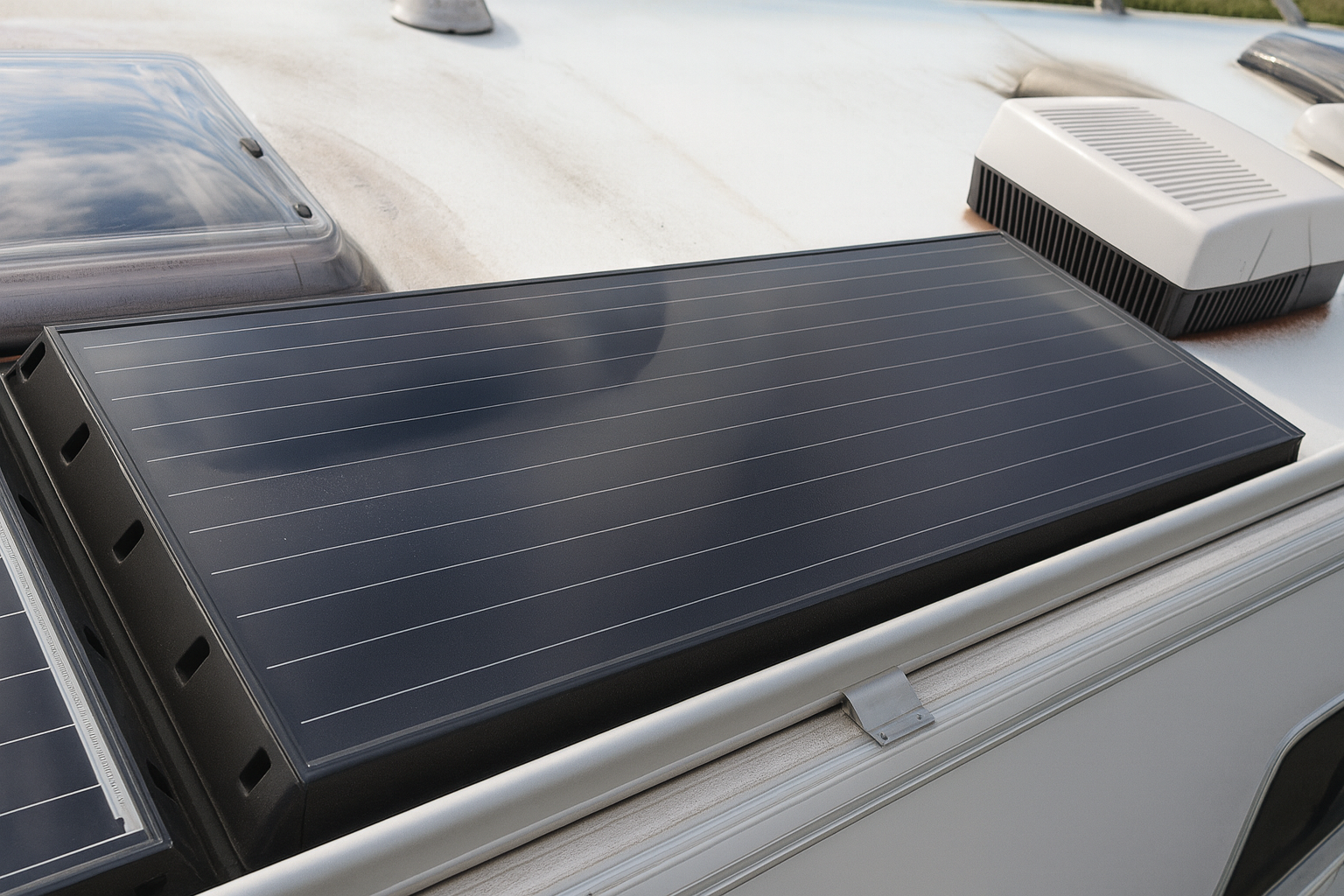 Dach eines Wohnmobils mit Solarpanelen, Dachfenster und Klimaanlage.