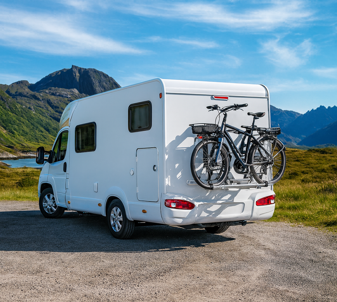 Weißer Wohnmobil mit Fahrradträger und zwei Fahrrädern im Freien vor Bergen und grünem Grasland im Hintergrund.