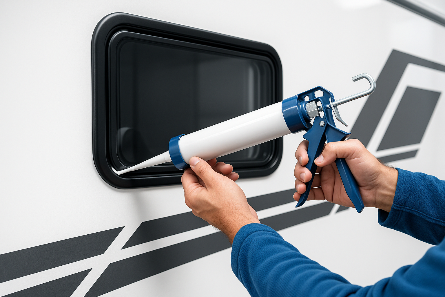 Person benutzt ein Klebeventil, um Dichtmasse in den Abwassertank eines Wohnmobils zu injizieren.