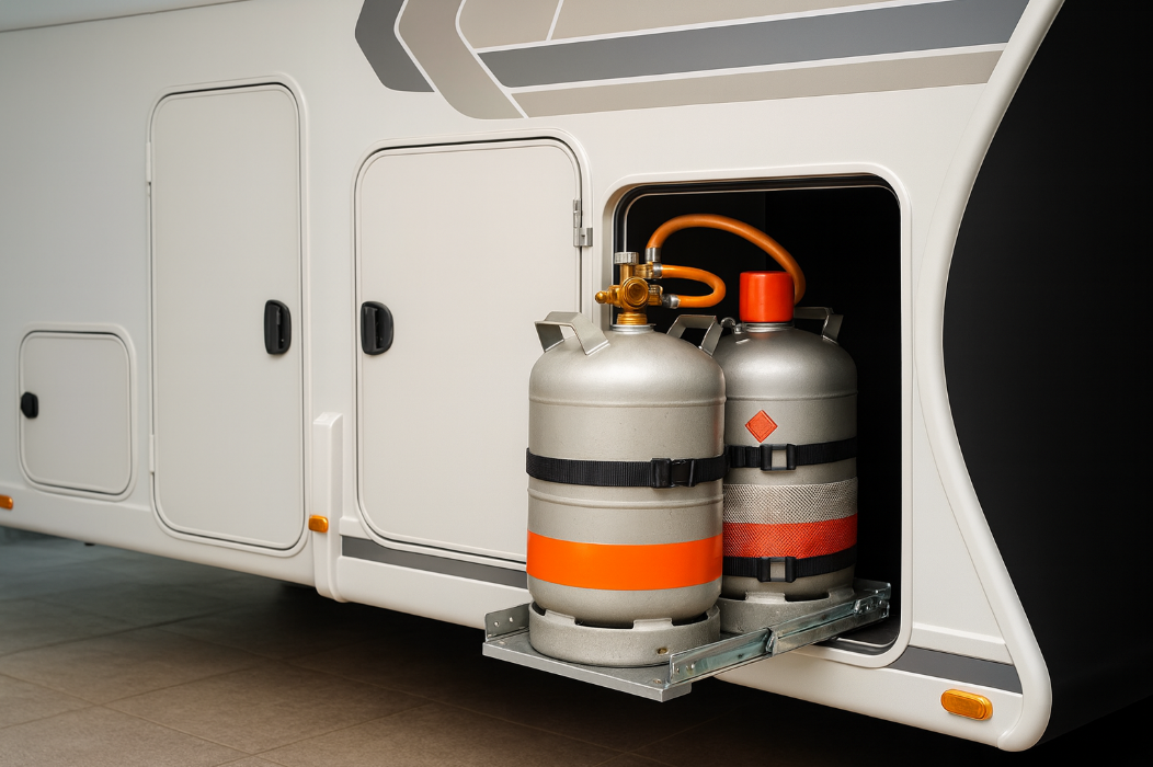 Zwei Gasflaschen auf einem Zug, eingeklemmt in einem speziellen Halter