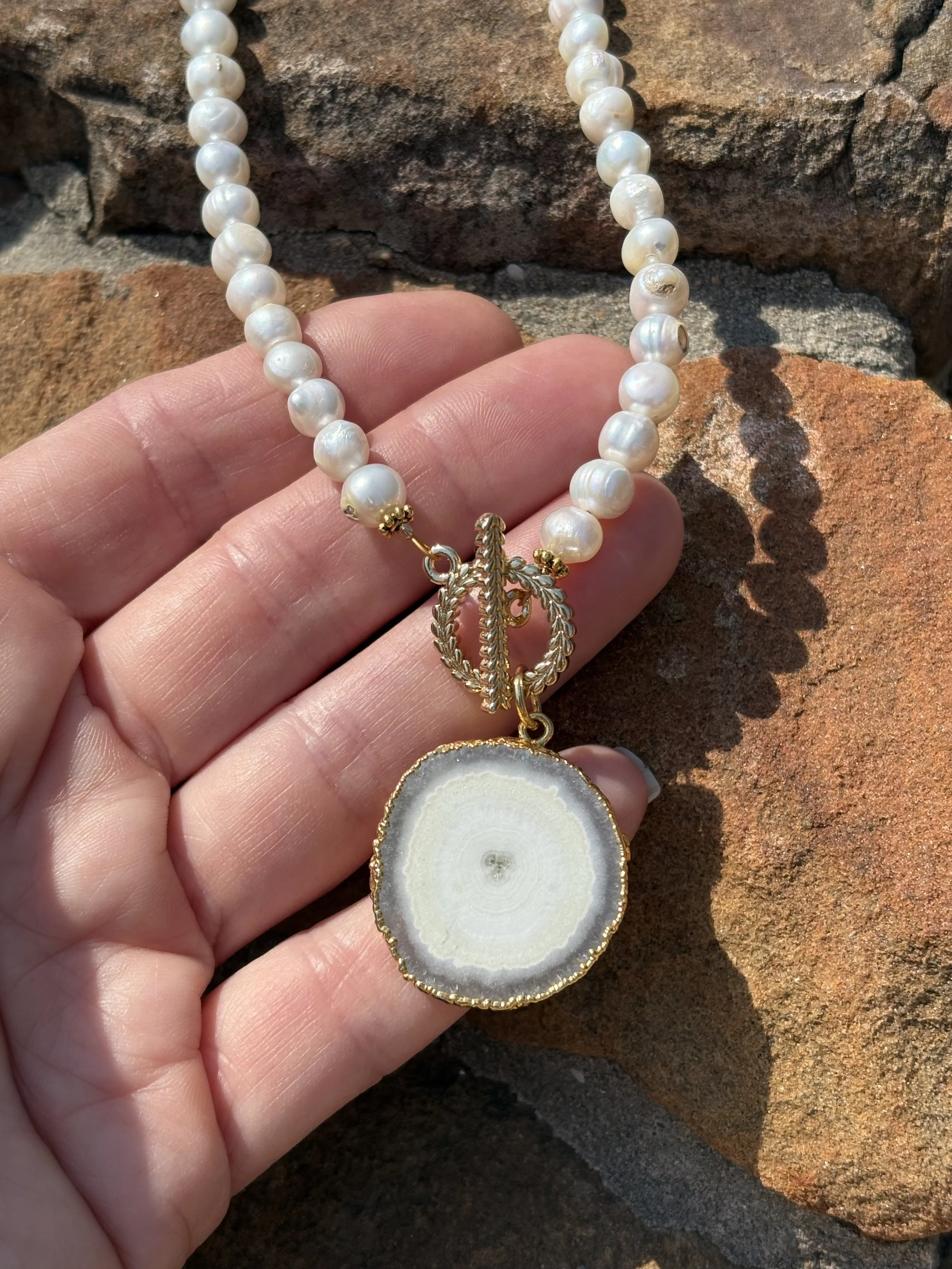 Freshwater Pearl and Agate Slice Necklace