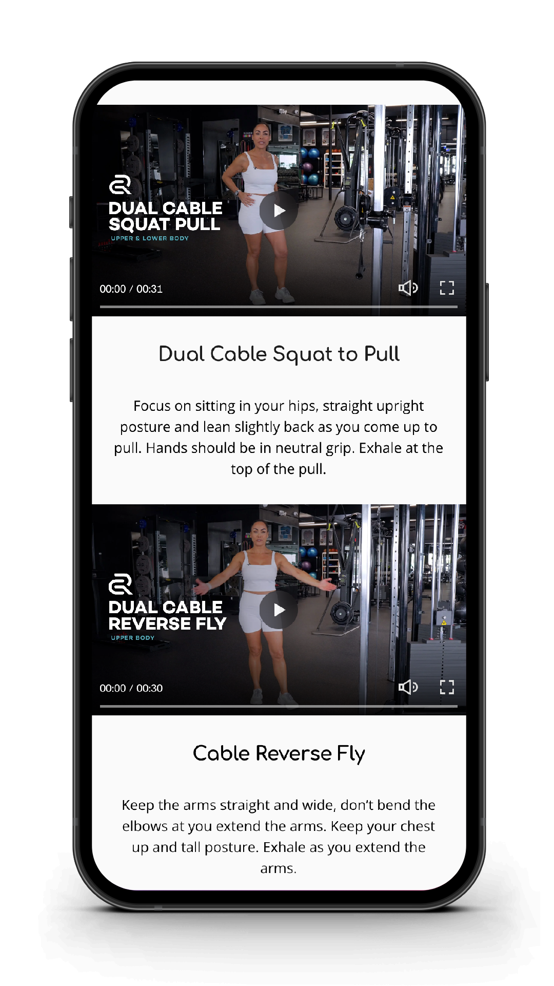 Mobile phone showing a fitness app with video demonstrations of dual cable squat to pull and cable reverse fly exercises, including brief written instructions, in a gym setting.