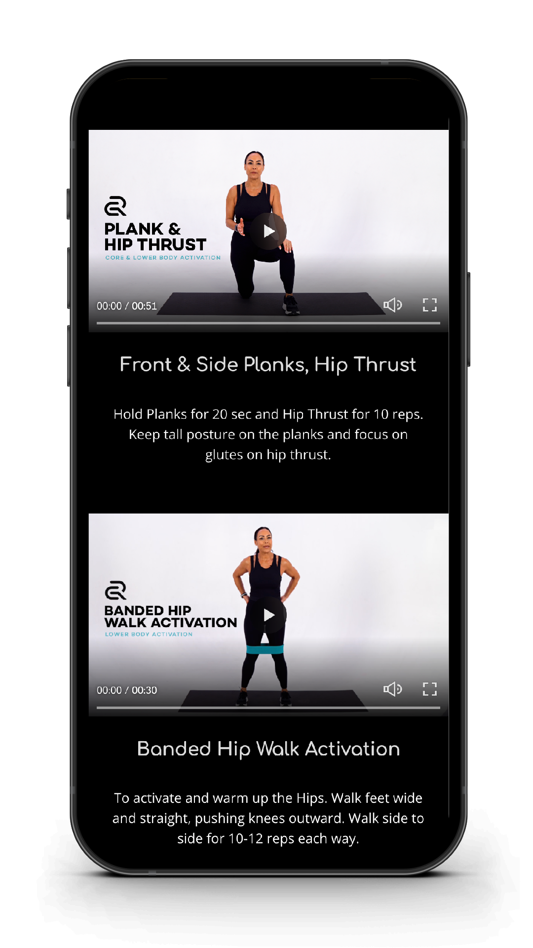 Mobile device screen displaying workout video tutorials for planks, hip thrusts, and banded hip walks with descriptions and video thumbnails.