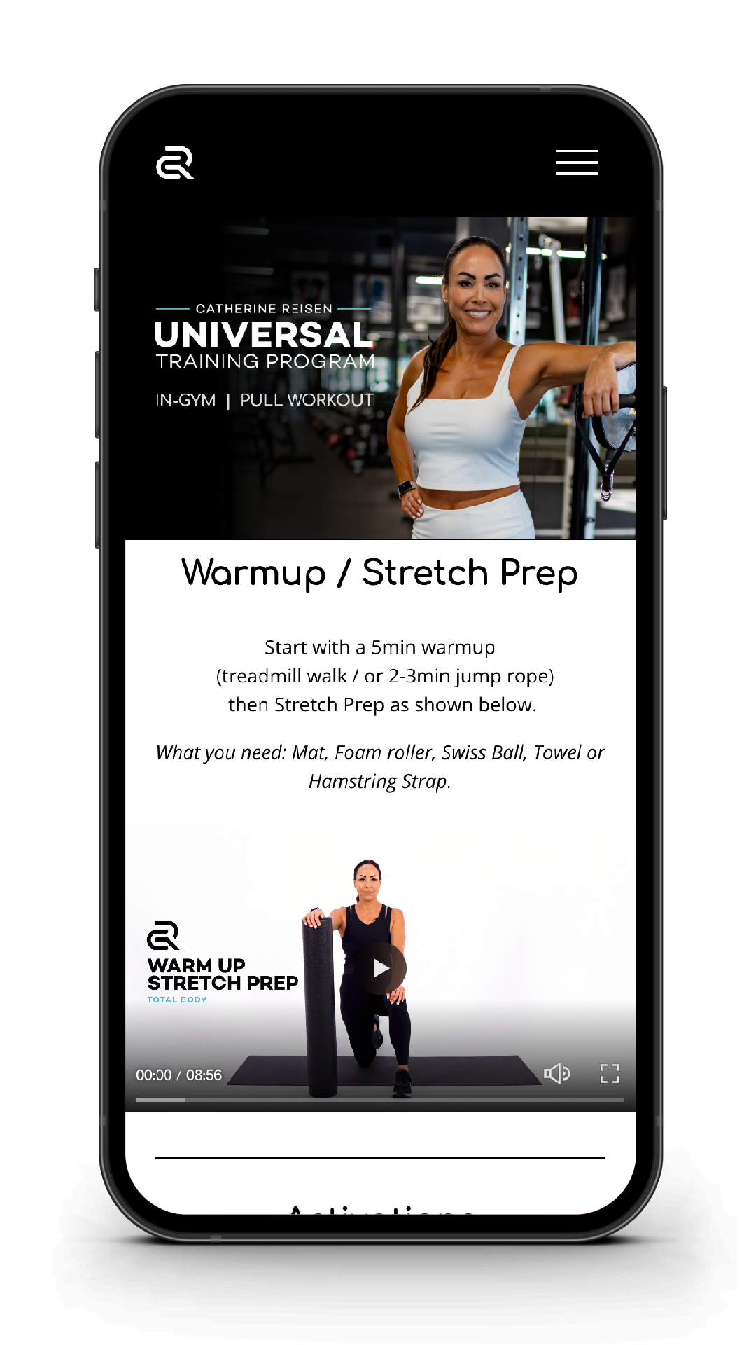 Mobile screen displaying a fitness app with a training program titled 'Universal Training Program' led by Catherine Reisen, featuring warmup and stretch prep instructions, with images of a woman in workout attire and a video player.