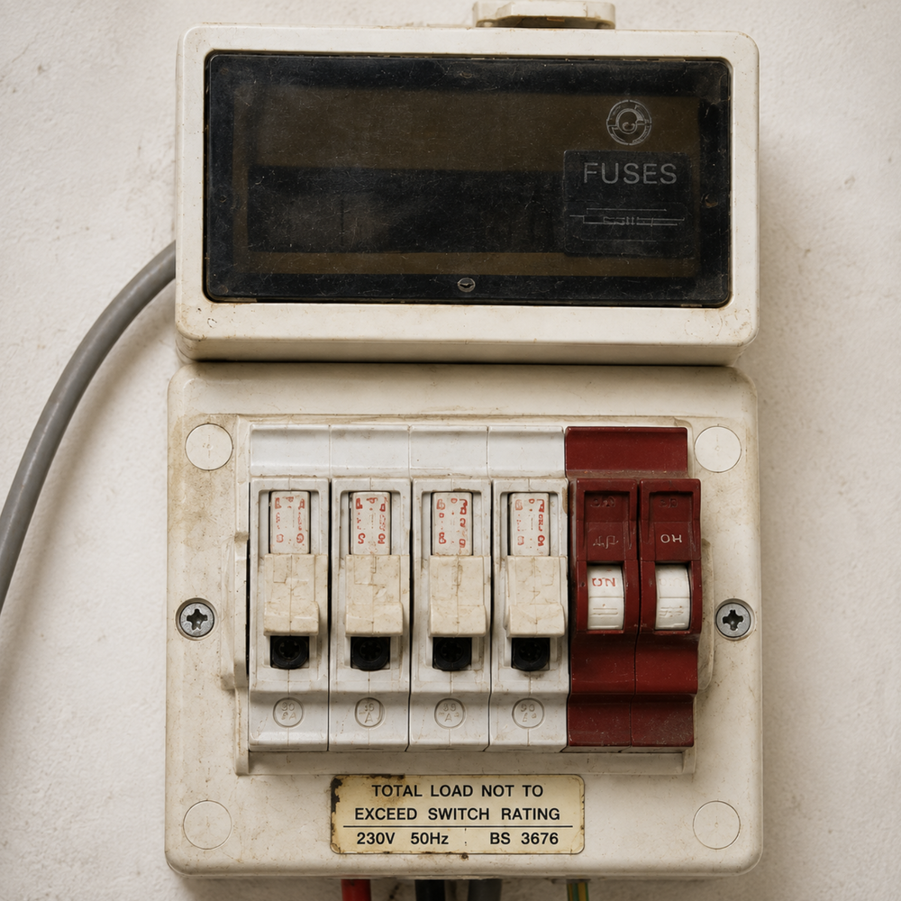 Old domestic fuse box in a Glasgow property
