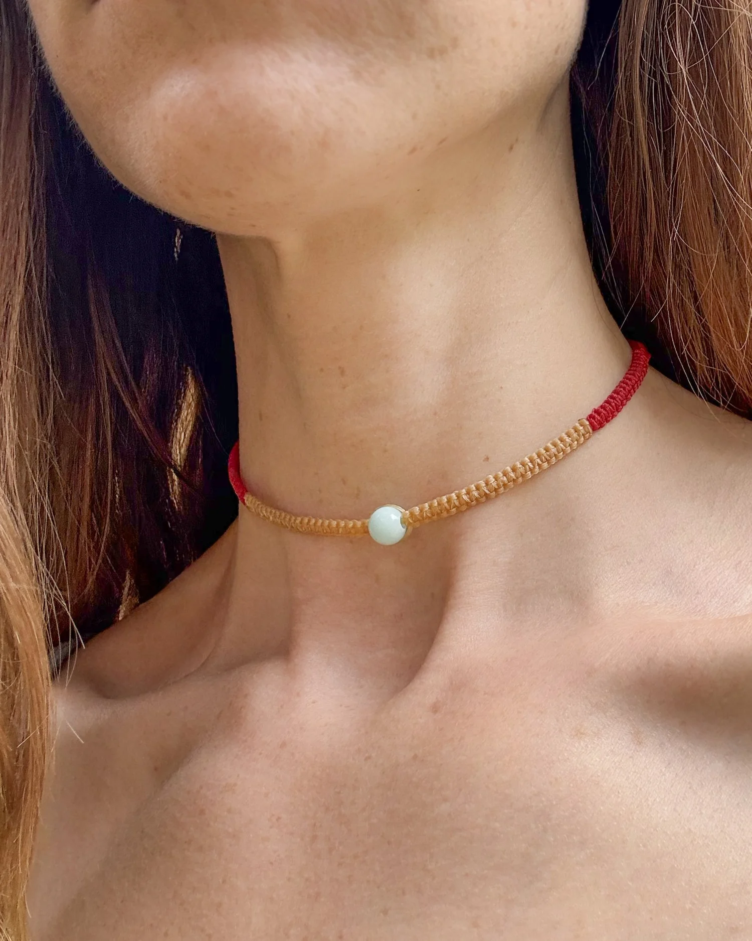 Red and Natural Macrame Adjustable Choker with Turquoise Stone 