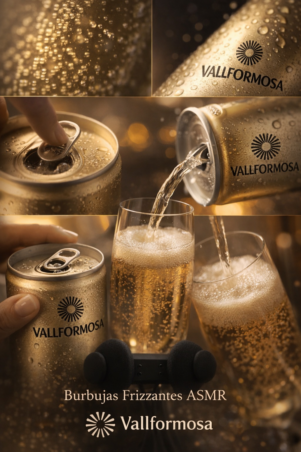 Collage showing a close-up of a beverage can with condensation, pouring champagne into two glasses, and a hand opening a can of Vallformosa sparkling wine. The background is warm and bubbly, with a pair of black earbuds and Spanish text reading 'Burbuja Frizzantes ASMR' and 'Vallformosa'.