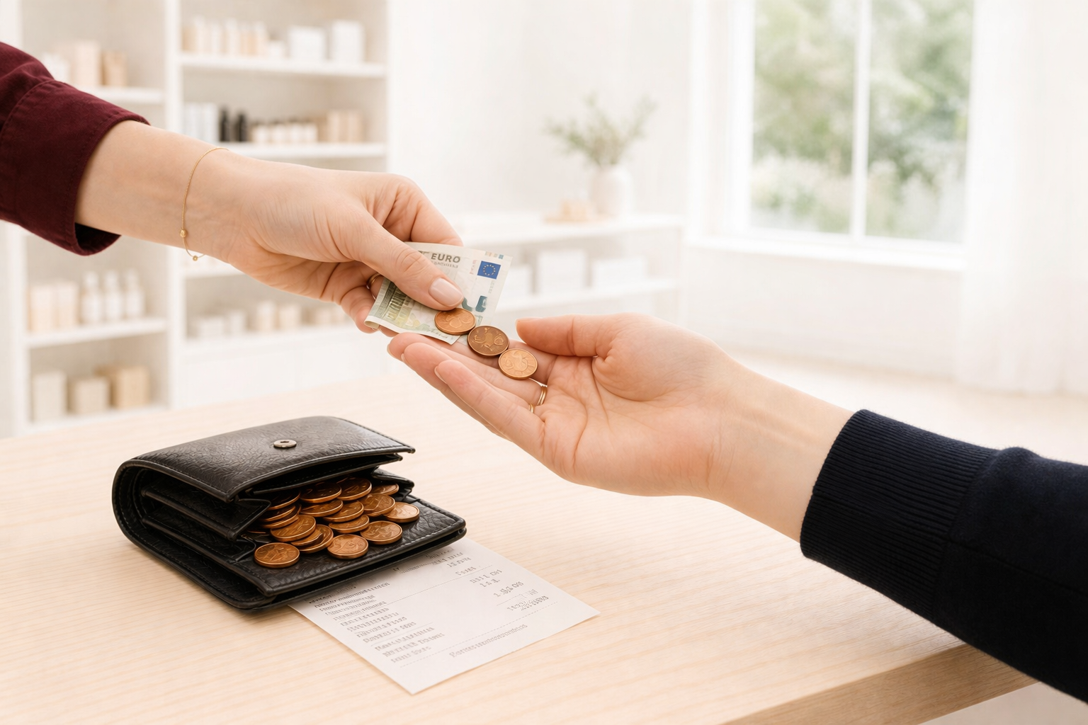 Person handing over Euro banknotes and coins to another person in a well-lit room with a receipt and wallet on table.