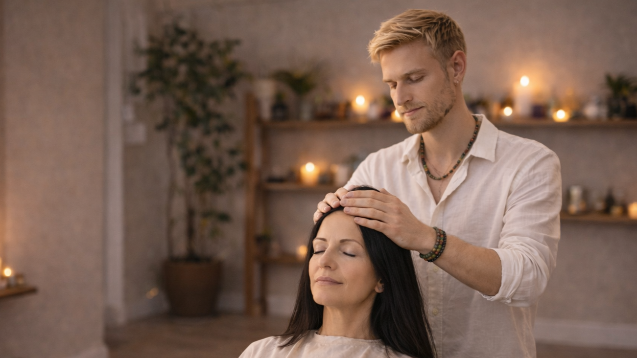 A man giving a head massage to a woman with closed eyes in a cozy room with candles and plants in the background.
