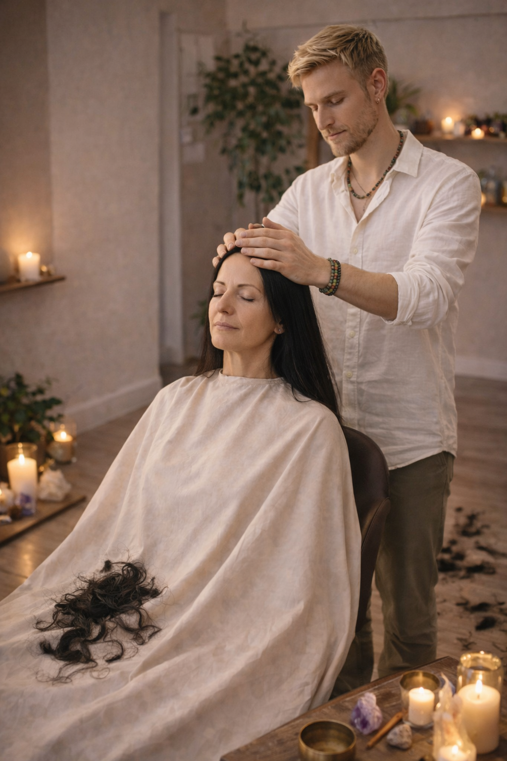 A man giving a spiritual healing or massage to a woman with closed eyes, in a cozy room with candles and plants.