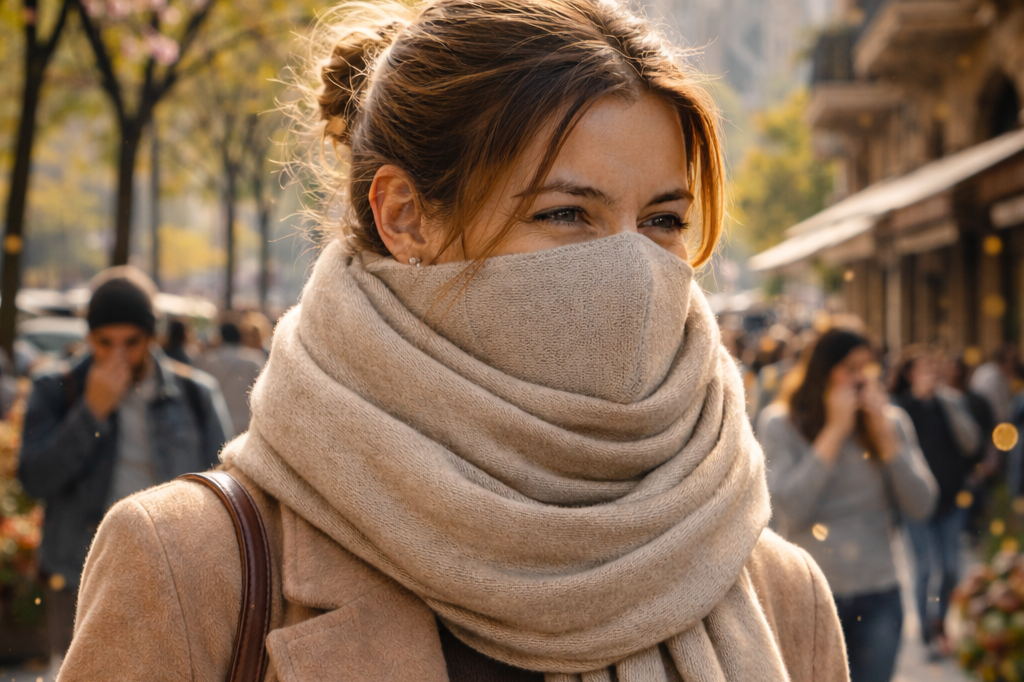 A woman wearing a tan coat and a beige scarf covering her nose and mouth, standing outdoors in a crowded street with fall foliage.