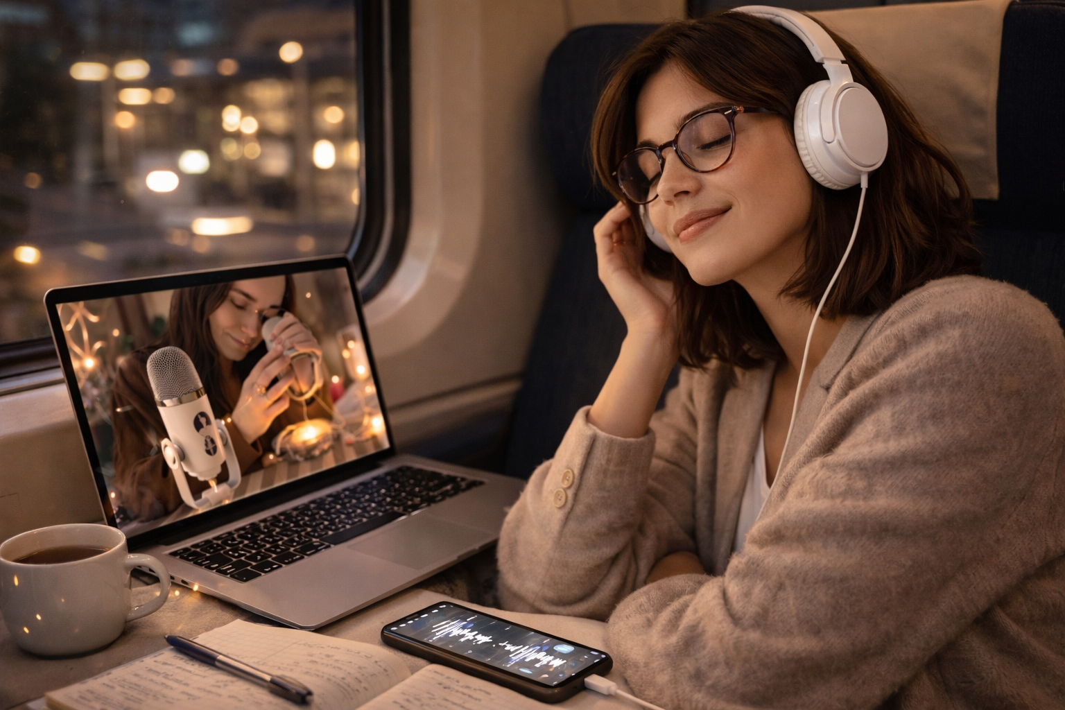 A woman with glasses and headphones sitting on a train, with a laptop, phone, notebook, and pen on the table in front of her. She is smiling with her eyes closed, listening to something. The laptop screen shows her image, with a microphone and fairy lights.