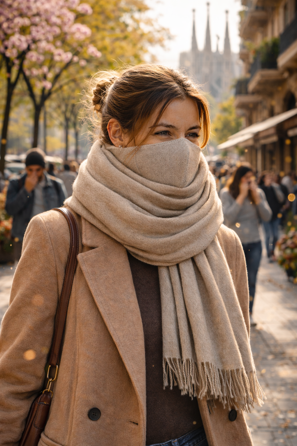 A woman smiling outdoors in a city street with autumn trees, wearing a tan coat, beige scarf, and a face covering.