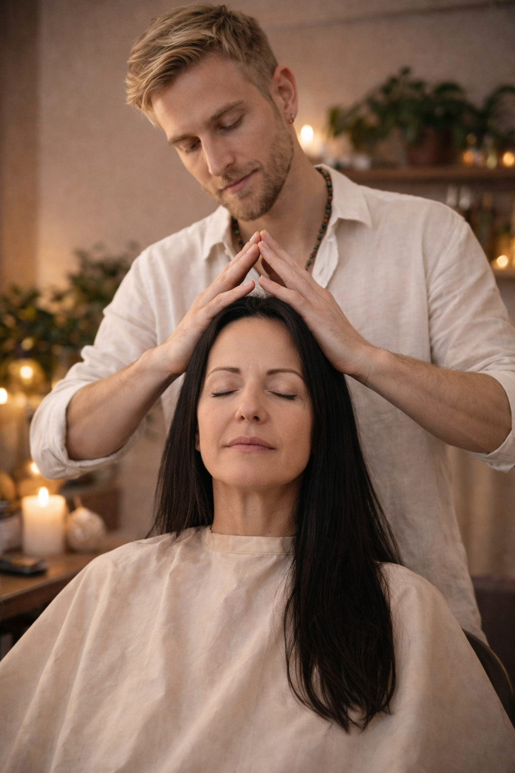 A woman with long dark hair receives a forehead massage from a man in a peaceful setting with candles and plants.