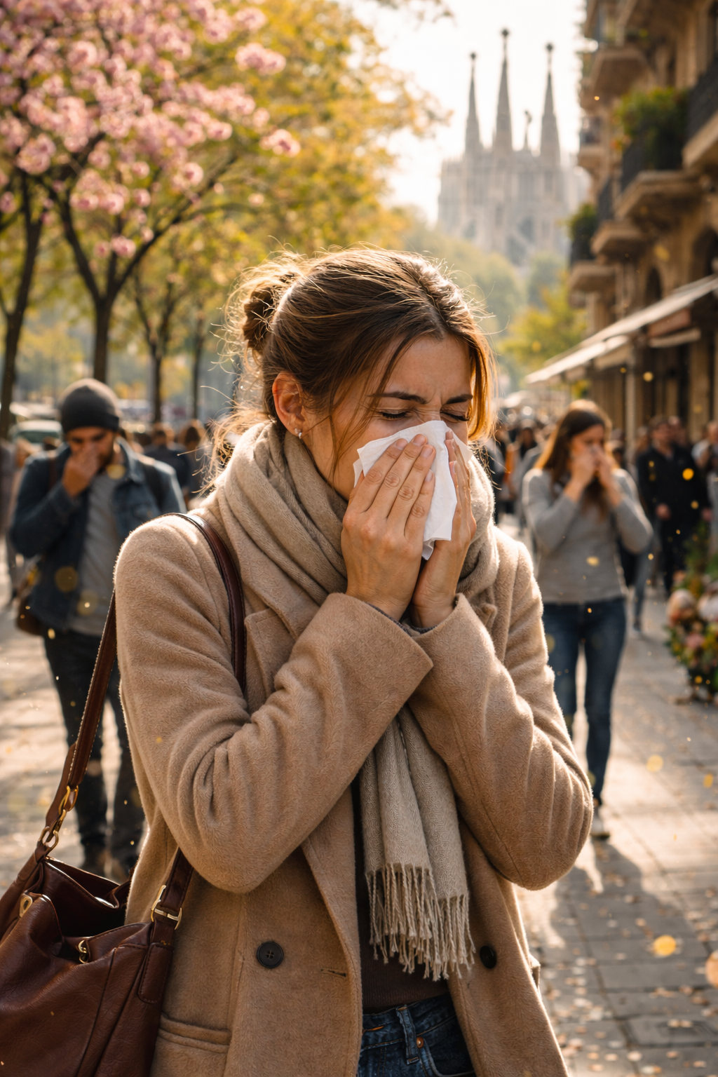 Woman sneezing into tissue on busy city street with trees and a cathedral in the background