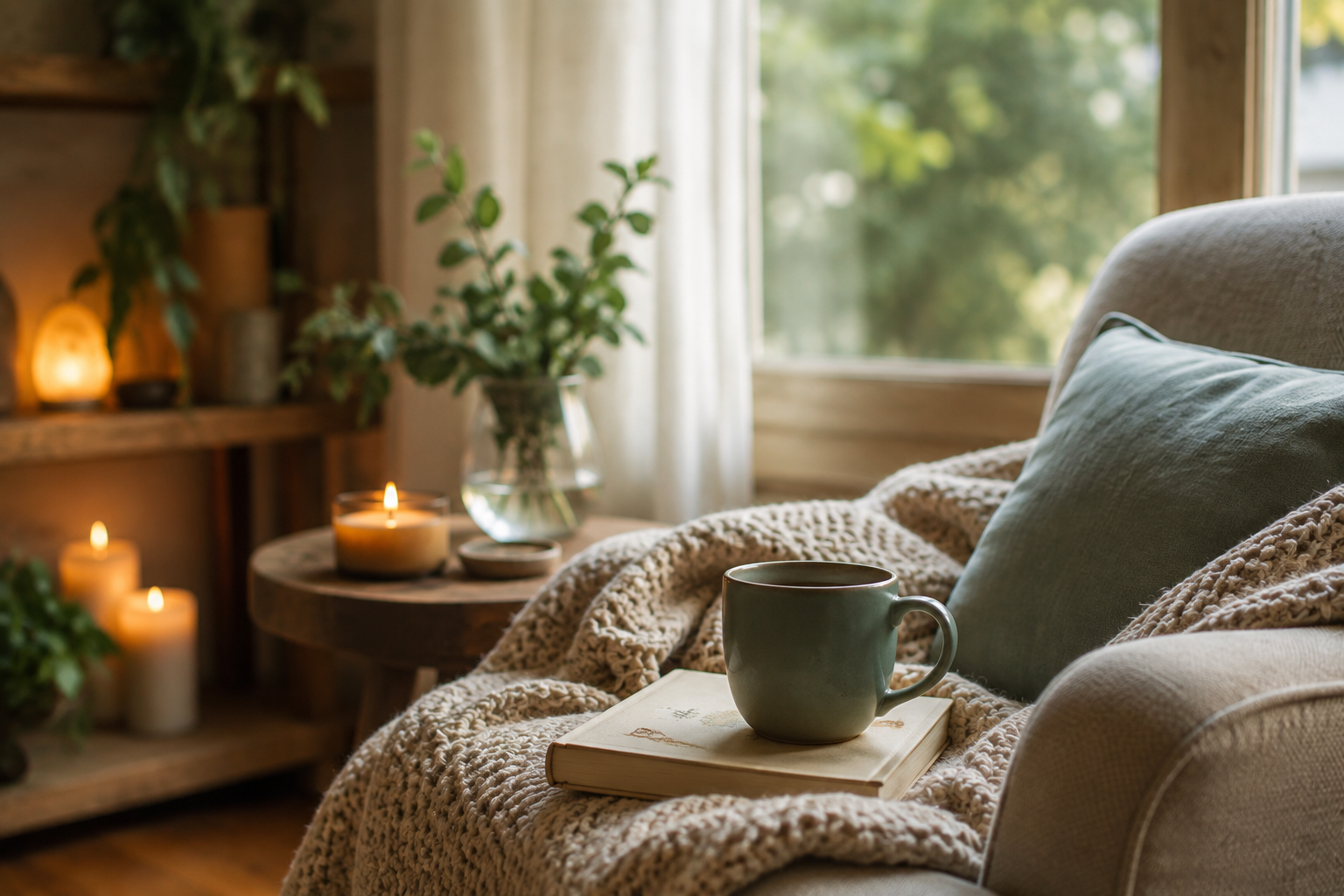 A cozy living room setup with a beige sofa, a dark green coffee mug on a book, and a knitted blanket. In the background, a window with sunlight, a plant in a glass vase on a round table, and lit candles on a wooden shelf.