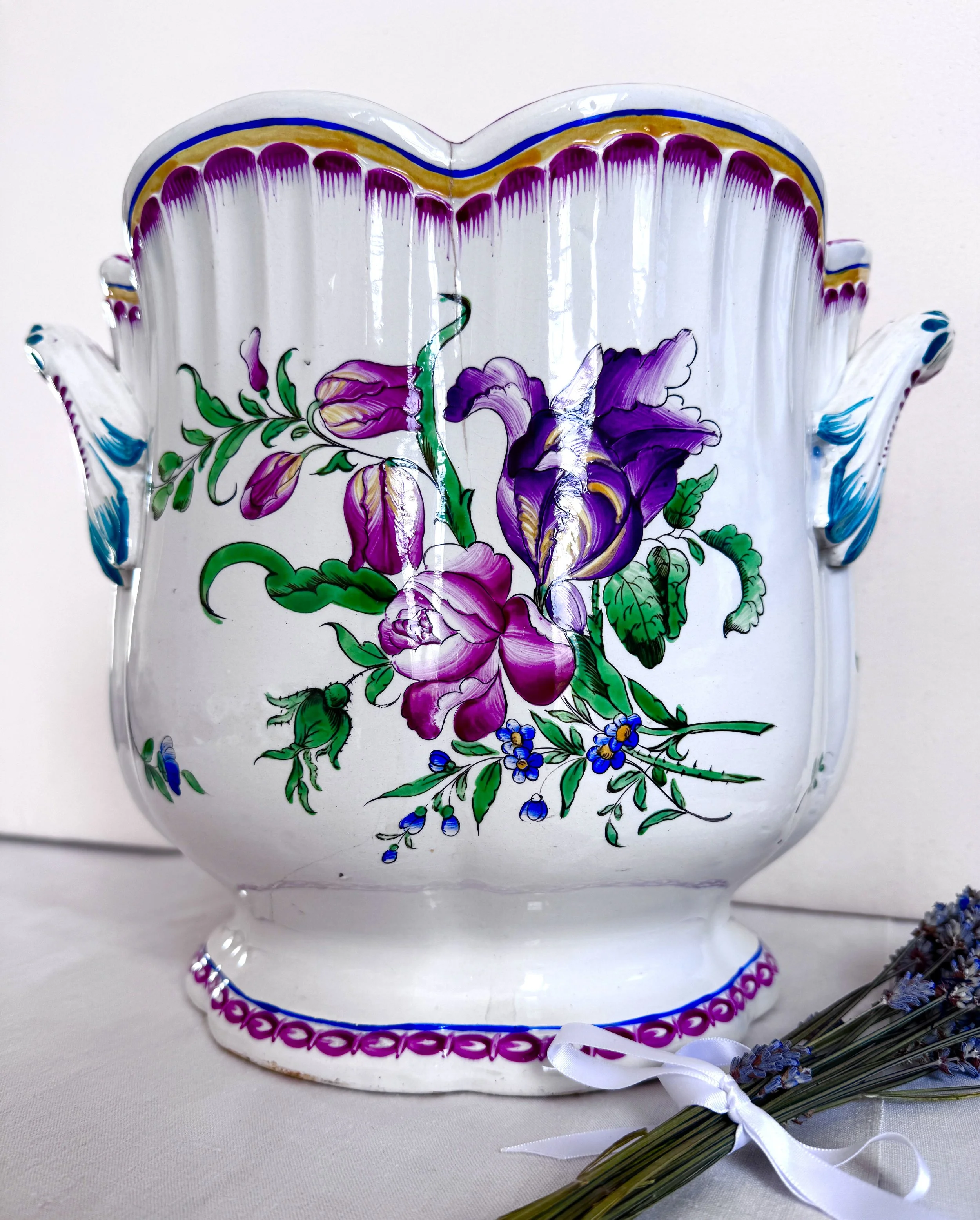 French Faience Cachepot - Hand-Painted Floral Jardiniere, c. Late 19th Century