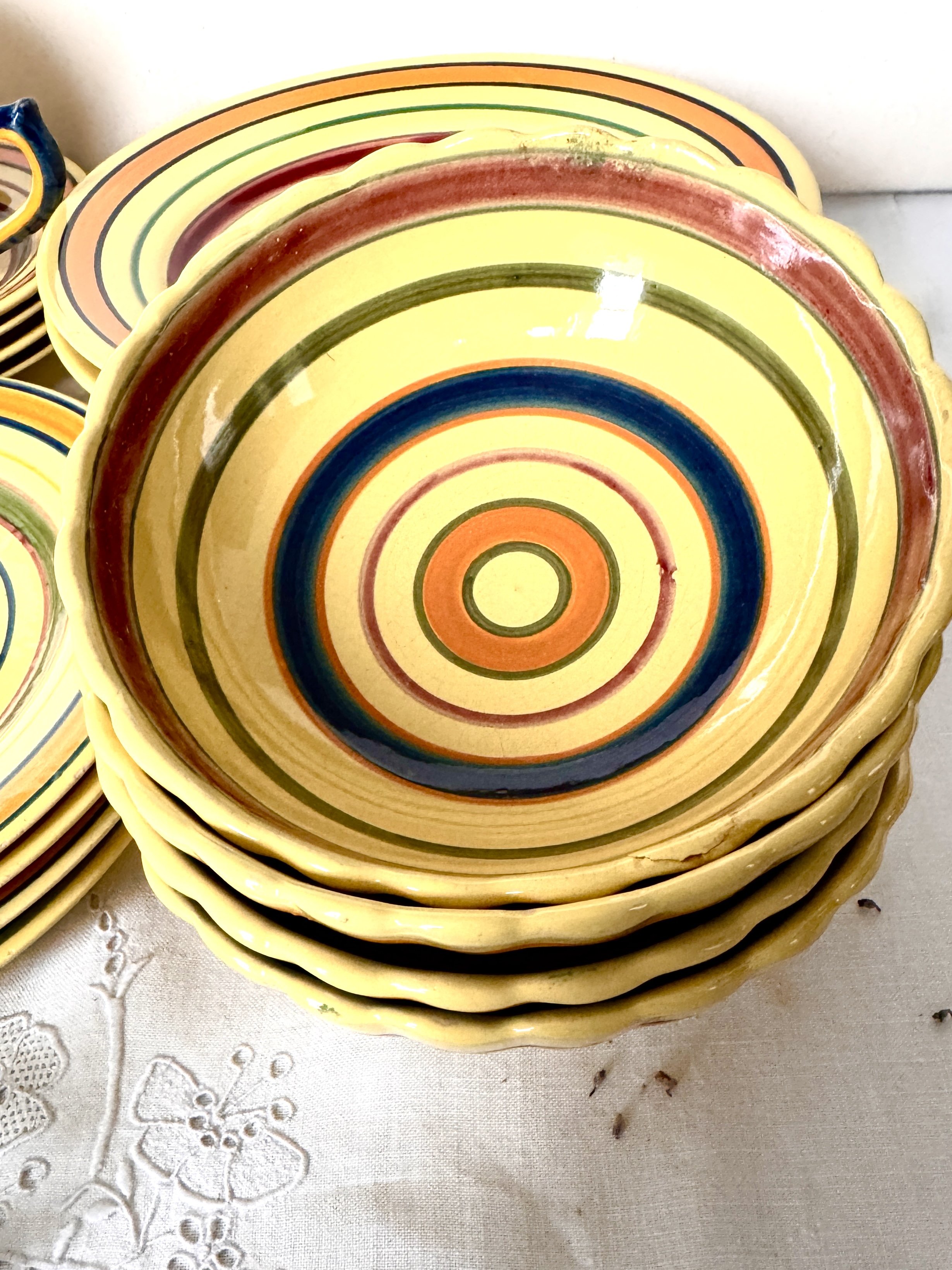 Vintage Henriot Quimper Yellow Striped Dinnerware - Set of 4 Place Settings