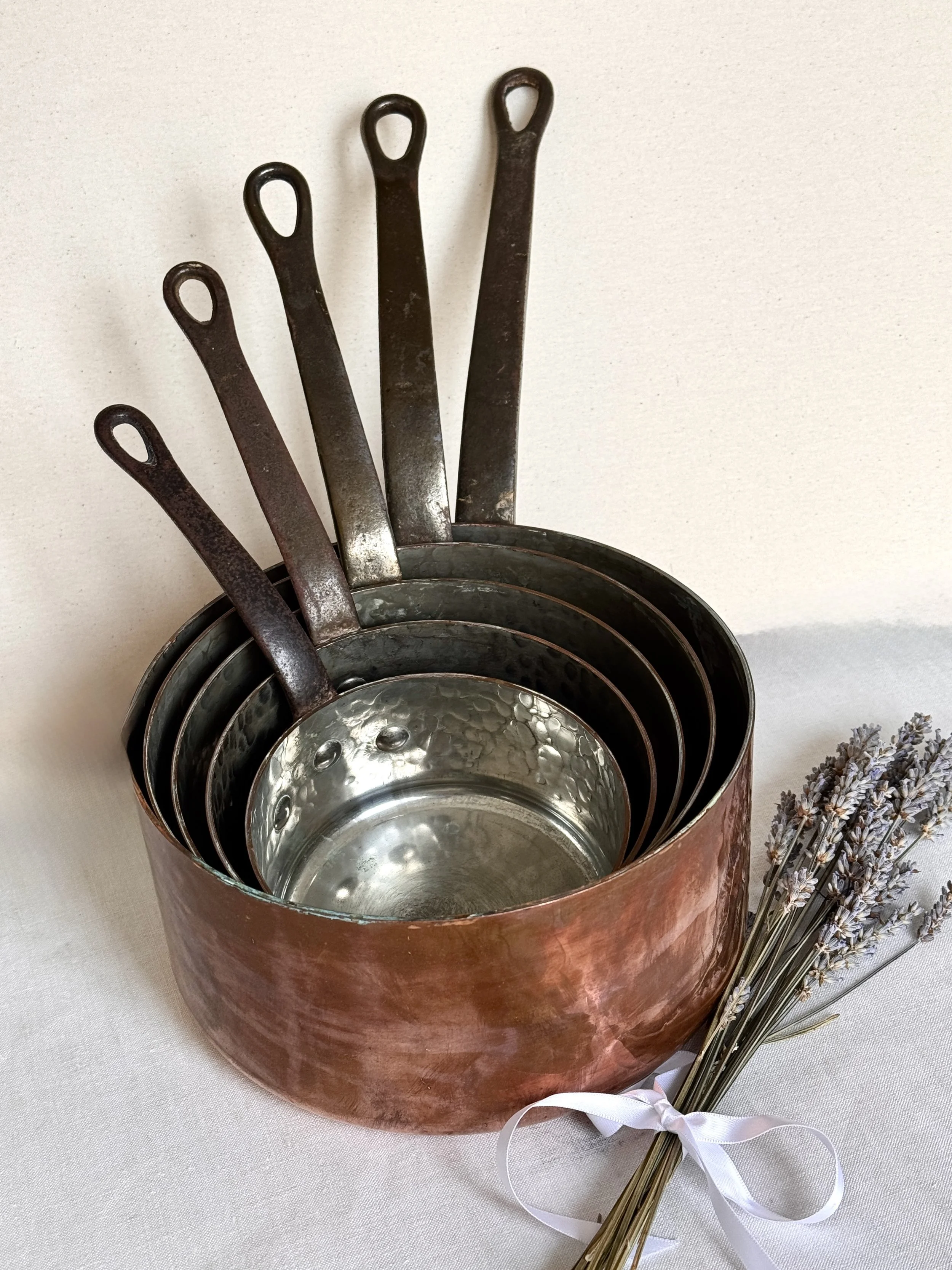 Set of Five French Copper Saucepans - Tin-Lined, Mid-20th Century