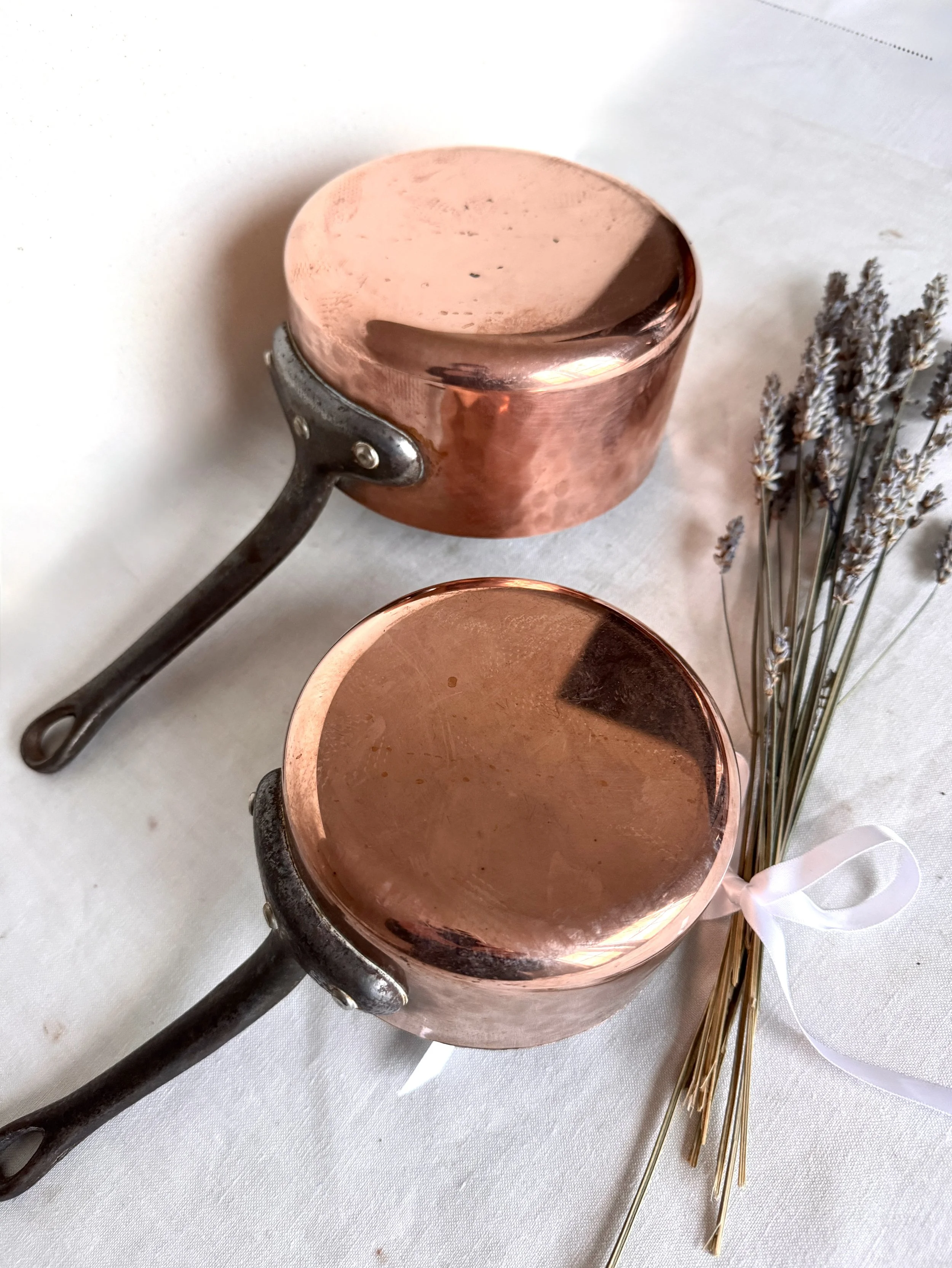Heavier-Gauge French Copper Saucepan Set (2-Piece) - Tin-Lined, Hammered Copper, Iron Handles