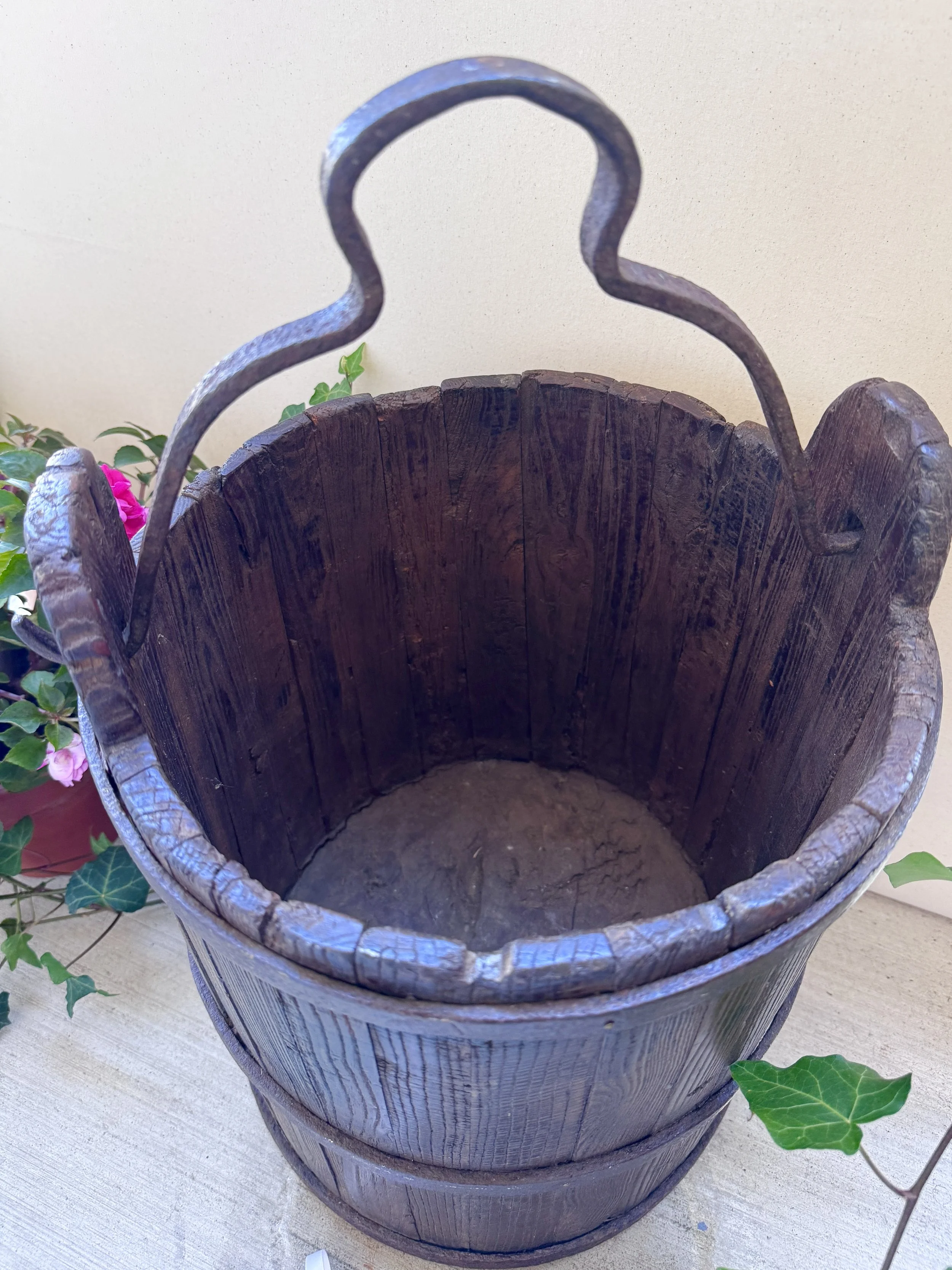 19th-Century French Oak Water Bucket with Forged-Iron Handle