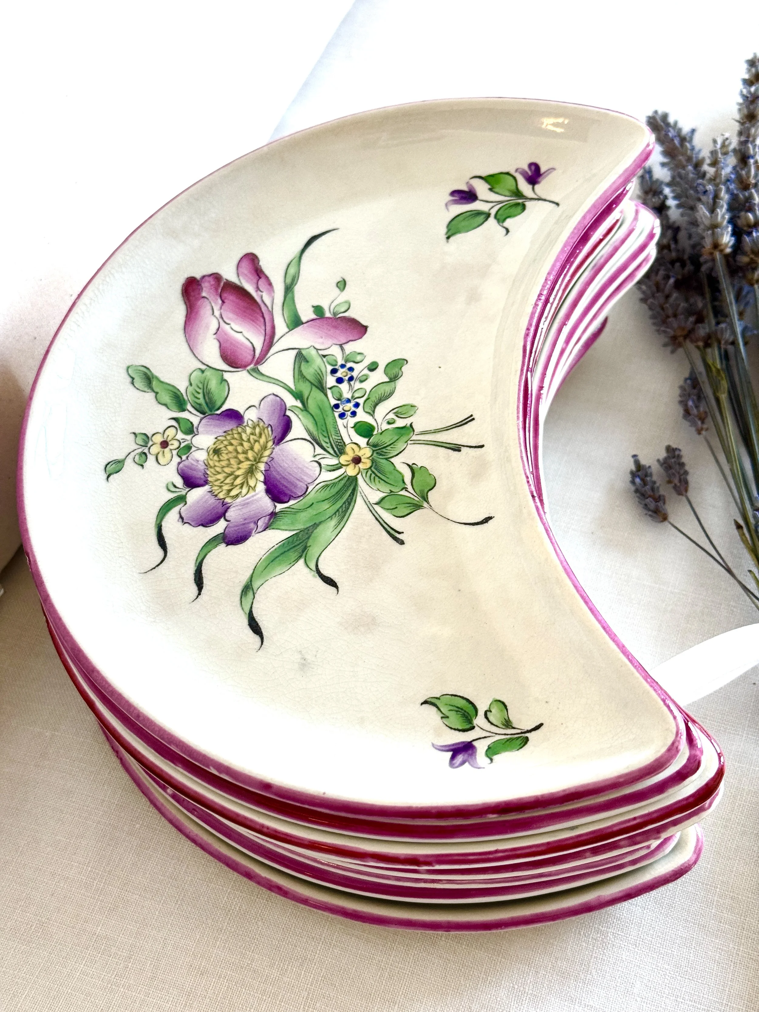 Set of 8 K&G Luneville Crescent Plates, Hand-Painted Faience (c. 1900-1925)