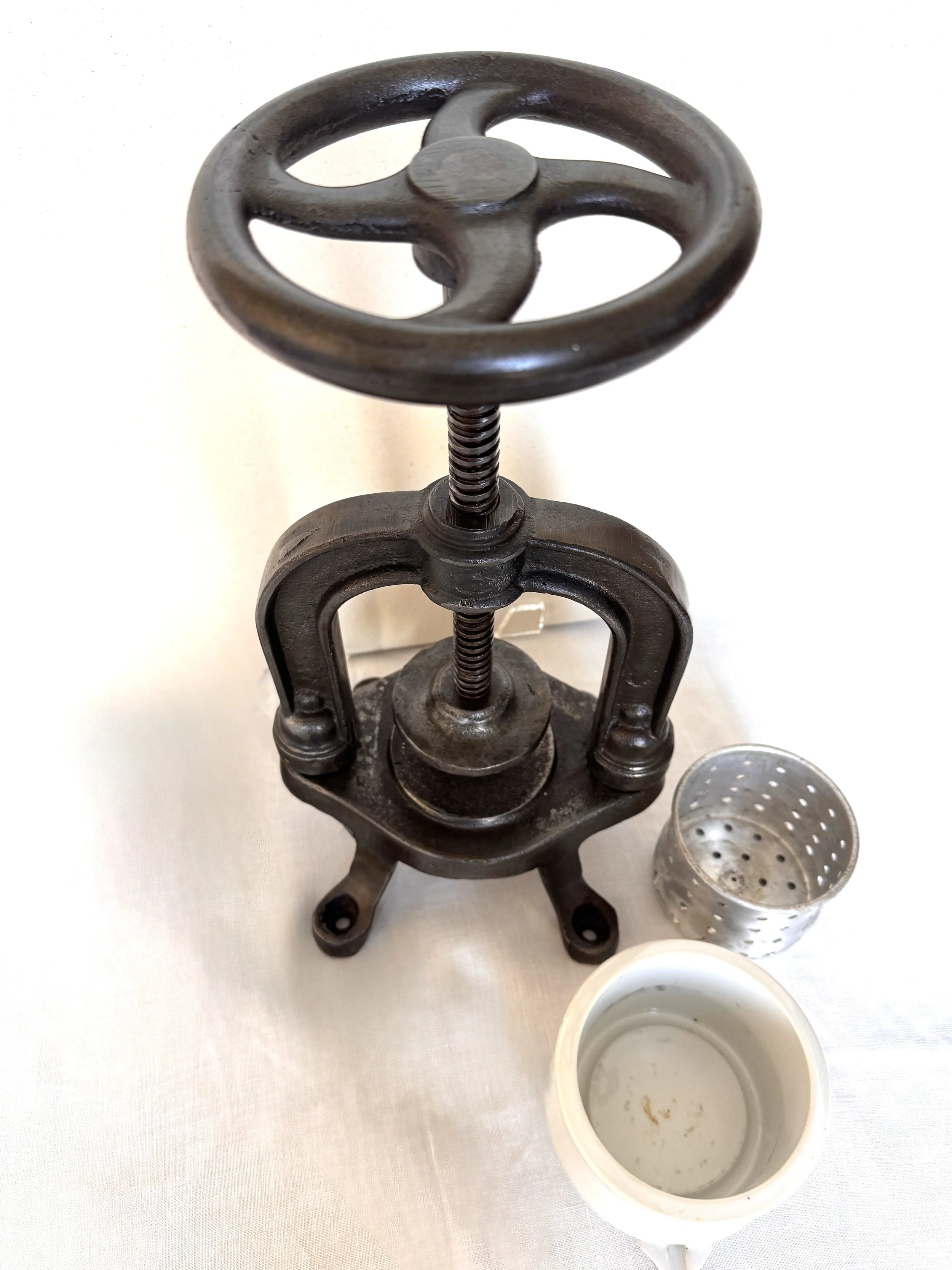 19th-Century French Cast-Iron Fruit & Juice Press with White-Glazed Earthenware Pot