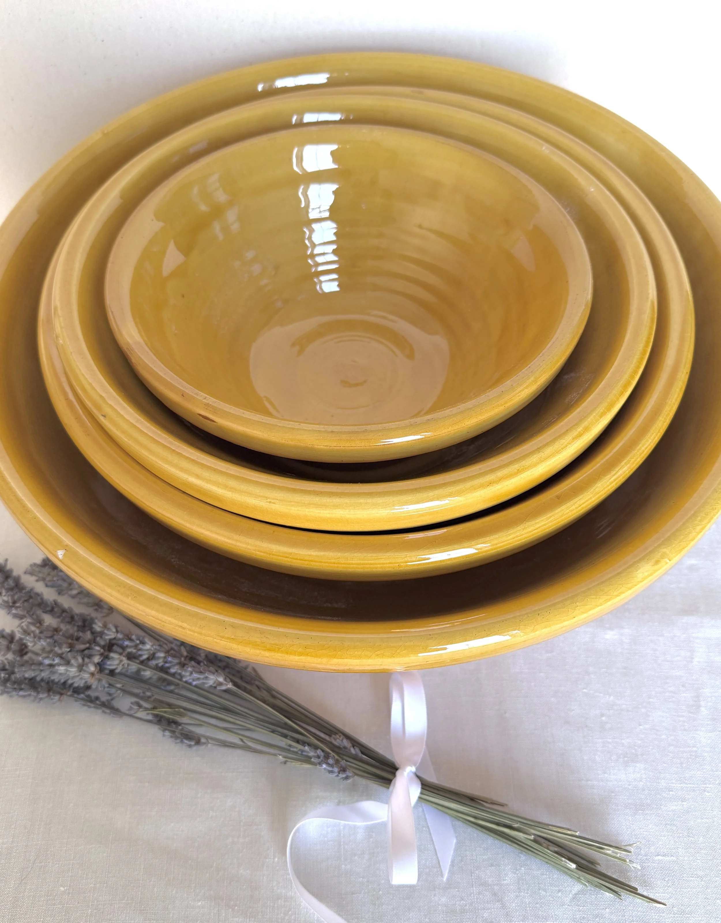 Set of Four French Mixing Bowls Hand-Thrown Terracotta, Signature Ochre Glaze