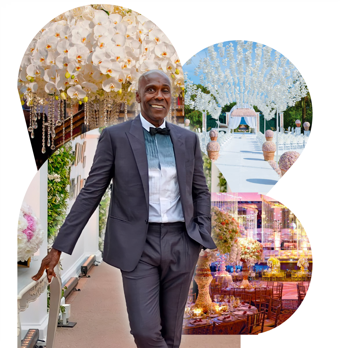 A man dressed in a tuxedo standing in an event space decorated with floral arrangements, chandeliers, and elegant decor for a wedding or celebration.