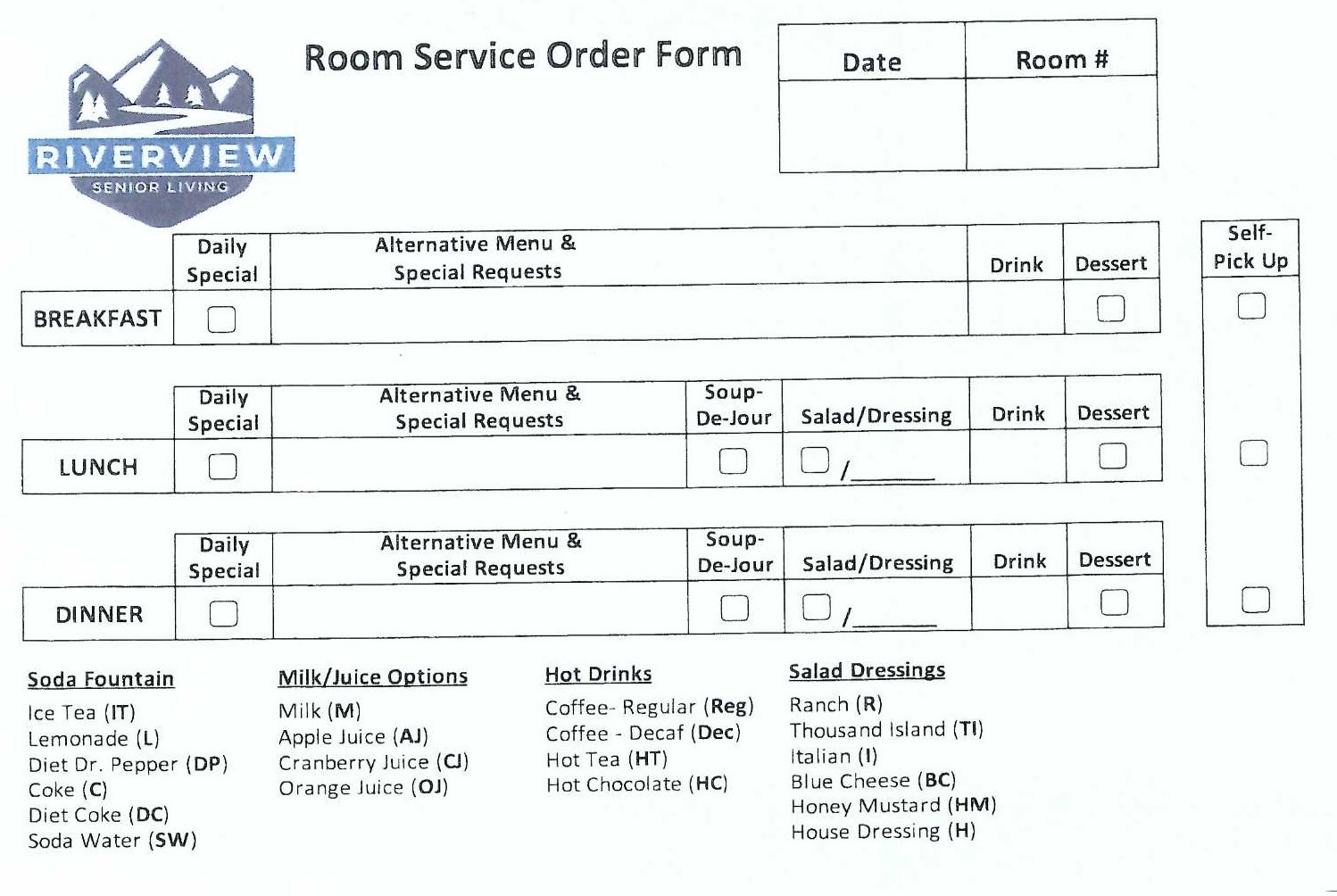 Room Service Order Form from Riverview Senior Living with sections for breakfast, lunch, and dinner, including options for daily specials, alternative menus, and special requests, as well as drink, dessert, soup-de-jur, salad/dressing, and self-pickup choices, and a list of soda fountain beverages, milk/juice options, hot drinks, and salad dressings.