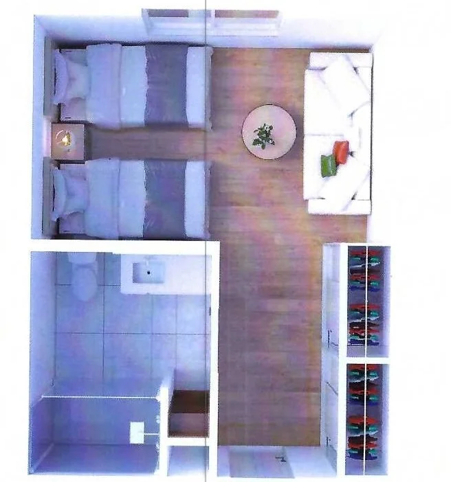 Top-down view of a small apartment with two bedrooms, a bathroom, a living room with a couch and coffee table, and a closet with hanging clothes at Riverview Senior Living and Memory Care in Juneau Alaska