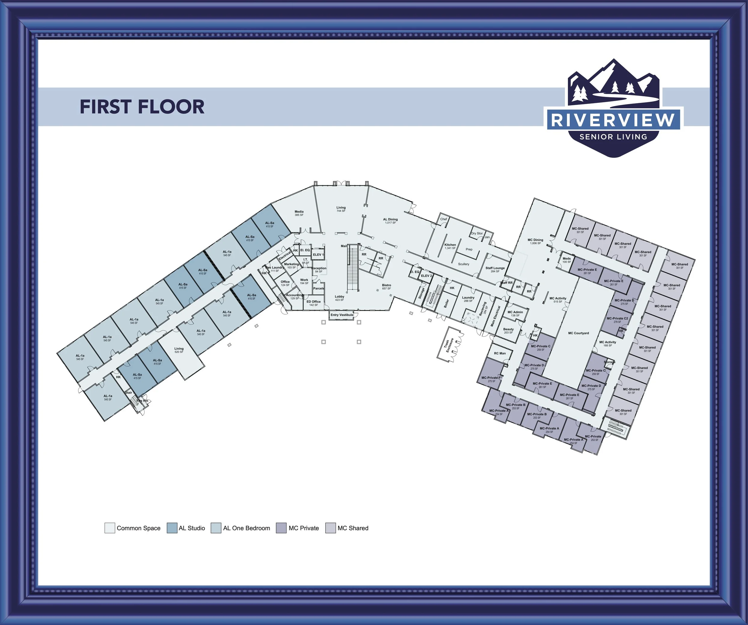 Floor plan of first floor for Riverview Senior Living with different colored areas labeled as common space, AL studio, AL one bedroom, MC private, and MC shared