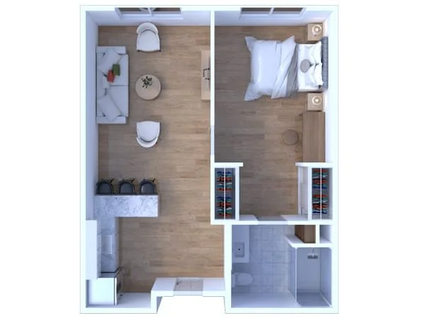 Top-down view of a small apartment with a combined living and kitchen area on the left and a bedroom on the right, separated by a wall with shelves and a bathroom at the bottom at Riverview Senior Living and Memory Care in Juneau Alaska