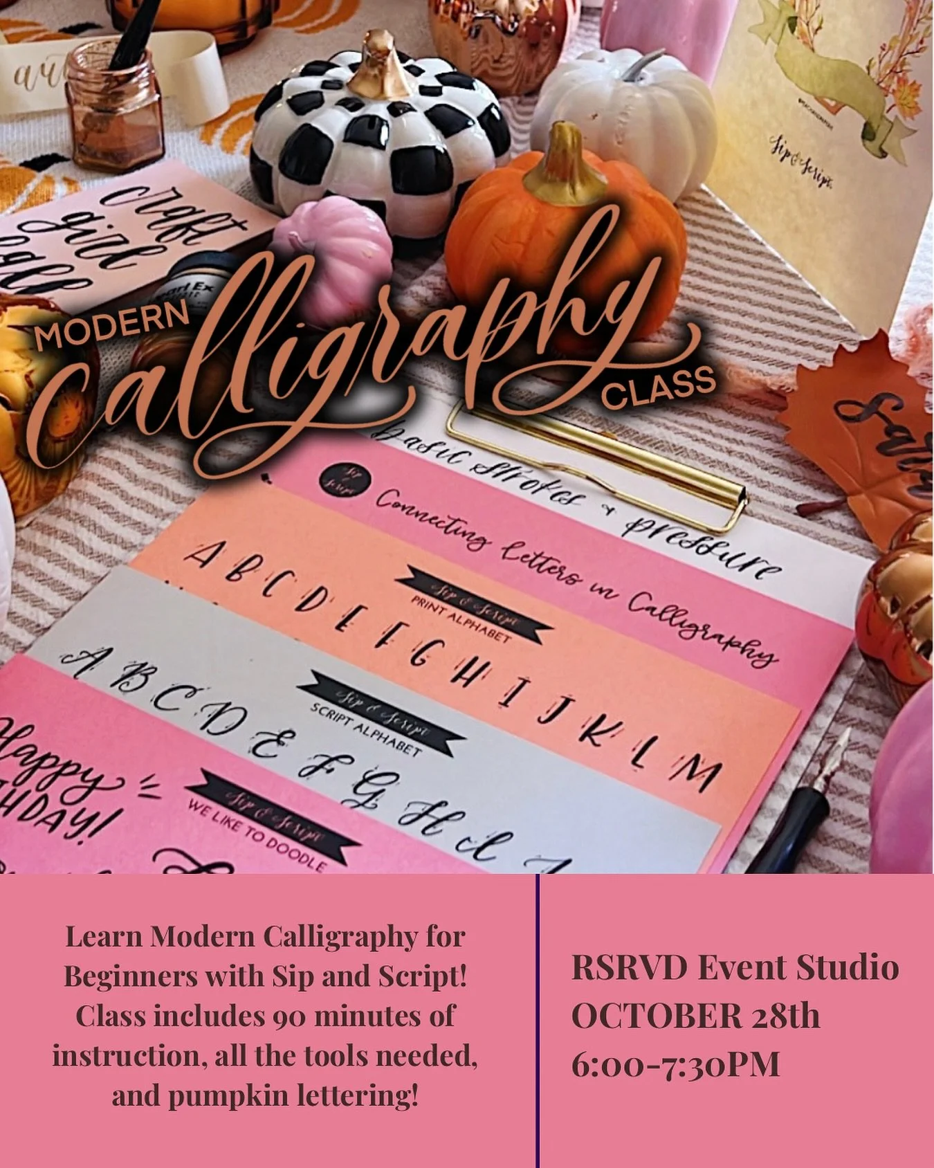 Join me on October 28th for calligraphy class! We’ll have a fun addition to class with pumpkin lettering at the end! 
•
•
•
calligraphy in Tennessee - Sip and Script - Spooky Season - modern calligraphy for beginners