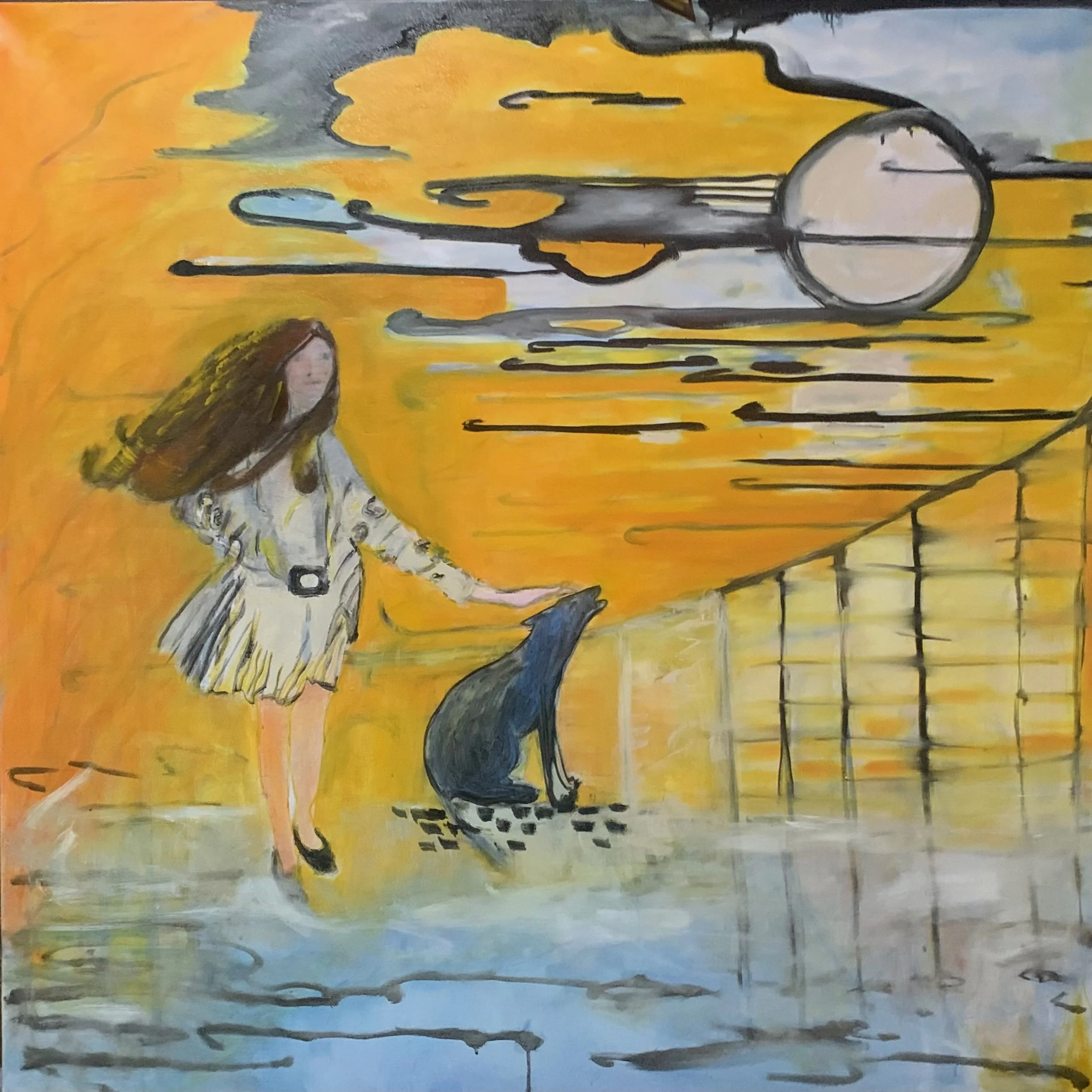 A painting of a young woman in a white dress with a black belt walking a black dog on a leash. The background is an abstract, vibrant mix of yellow, orange, and gray colors with streaks and a large, round shape in the sky.