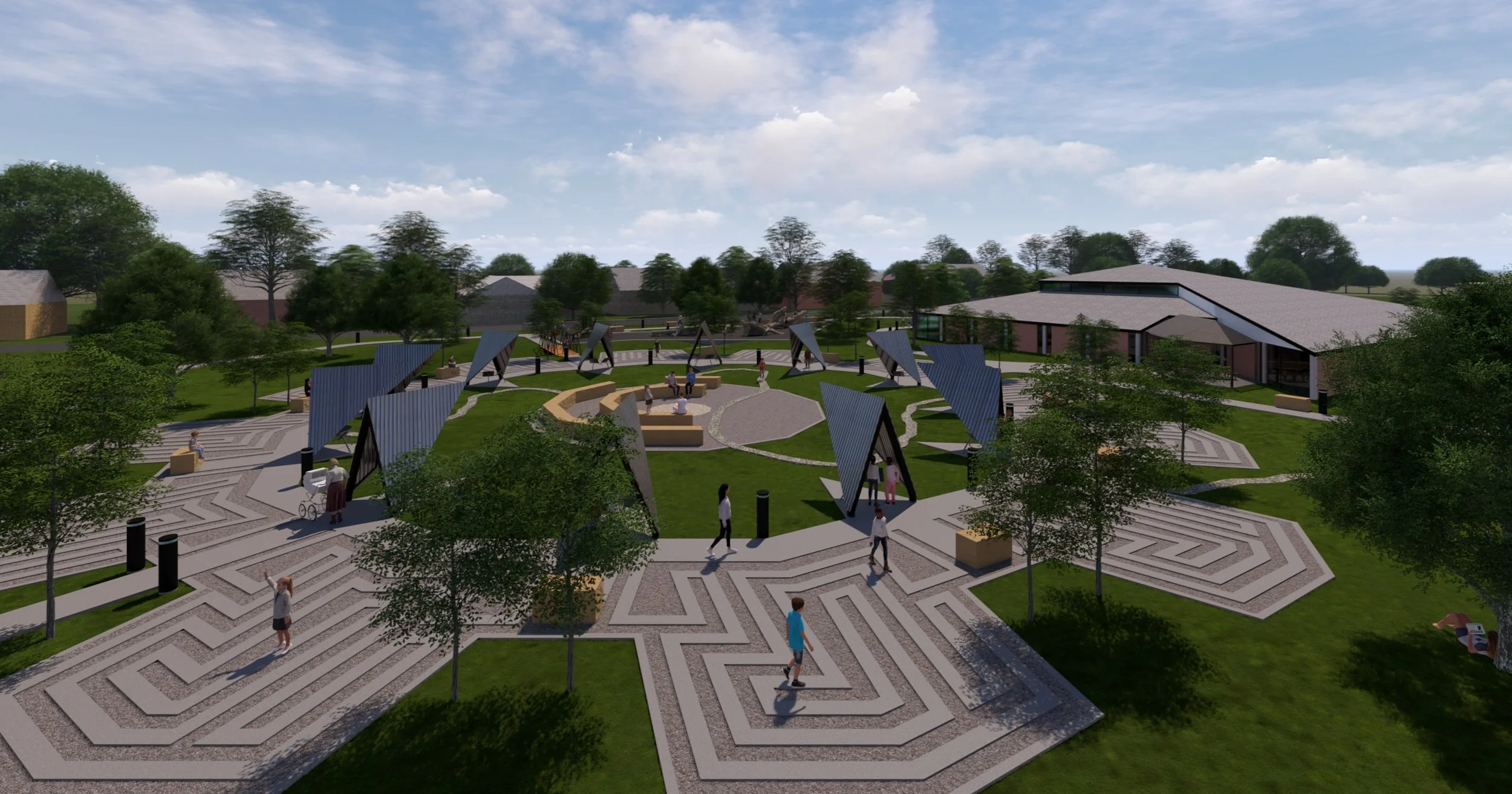 A modern outdoor park with maze-like paved pathways, green spaces, trees, and architectural structures under a partly cloudy sky.