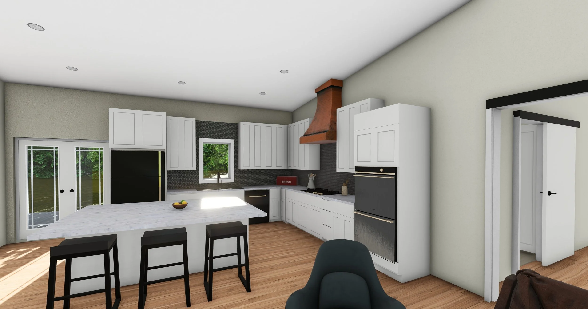 Modern kitchen with white cabinets, black appliances, a kitchen island with bar stools, a copper range hood, and large windows showing greenery outside.