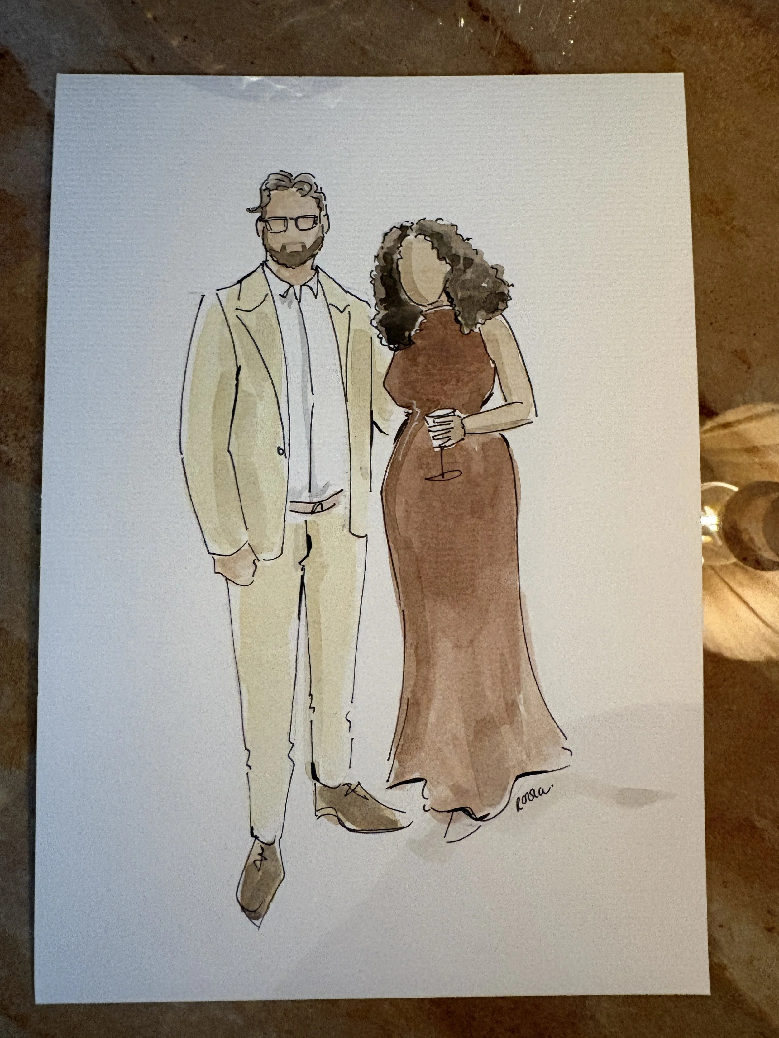Watercolour painting of wedding guests