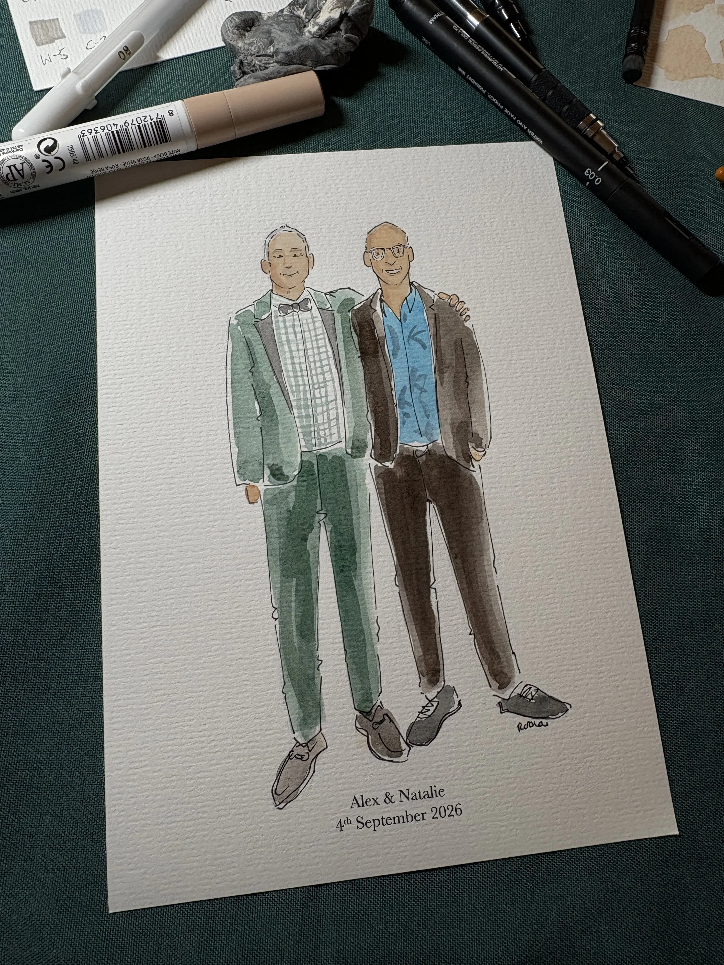 wedding illustration of two gentlemen with faces