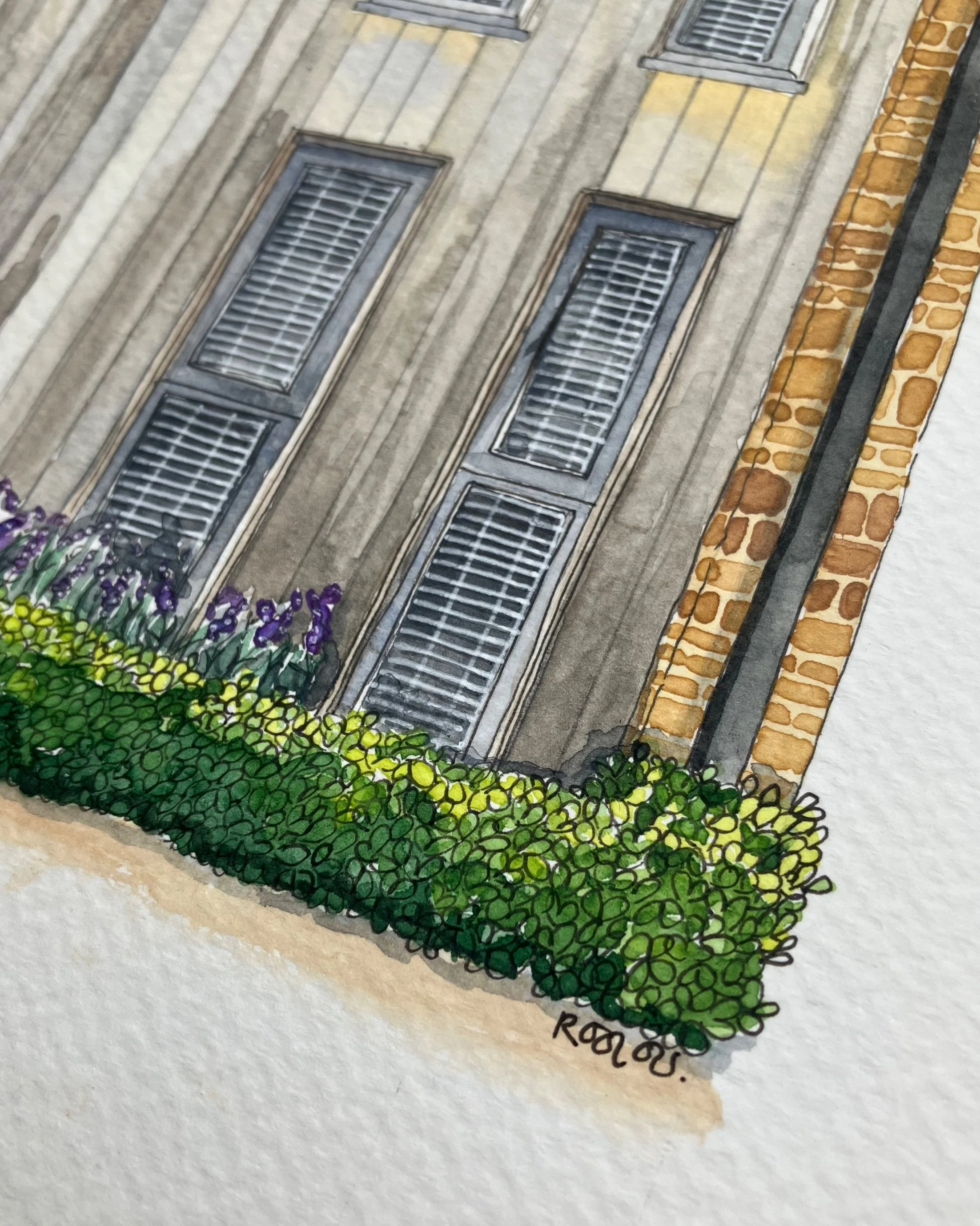 Close up of watercolour details on house portrait