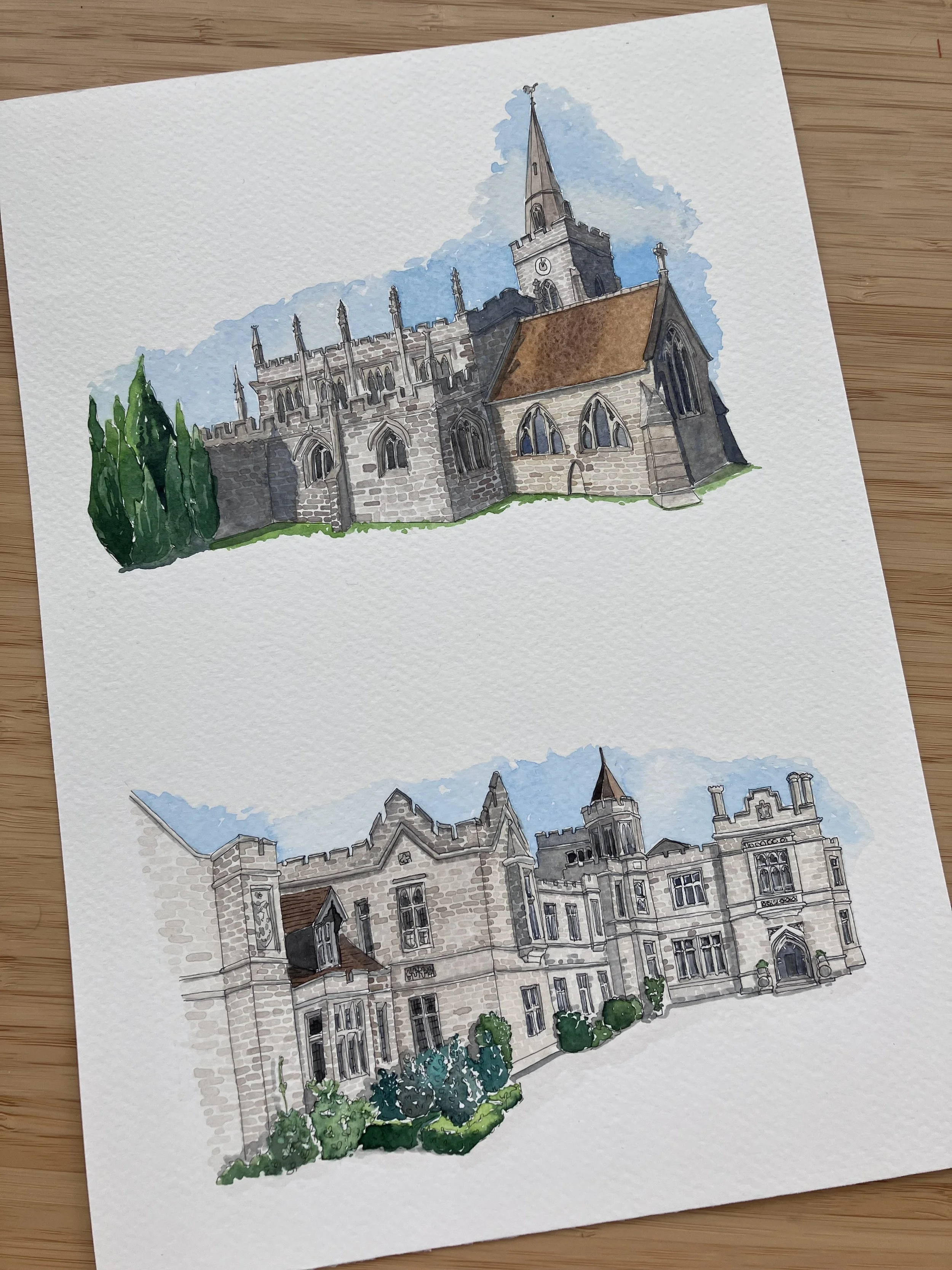 Watercolour portrait of Hampton manor and Lapworth church