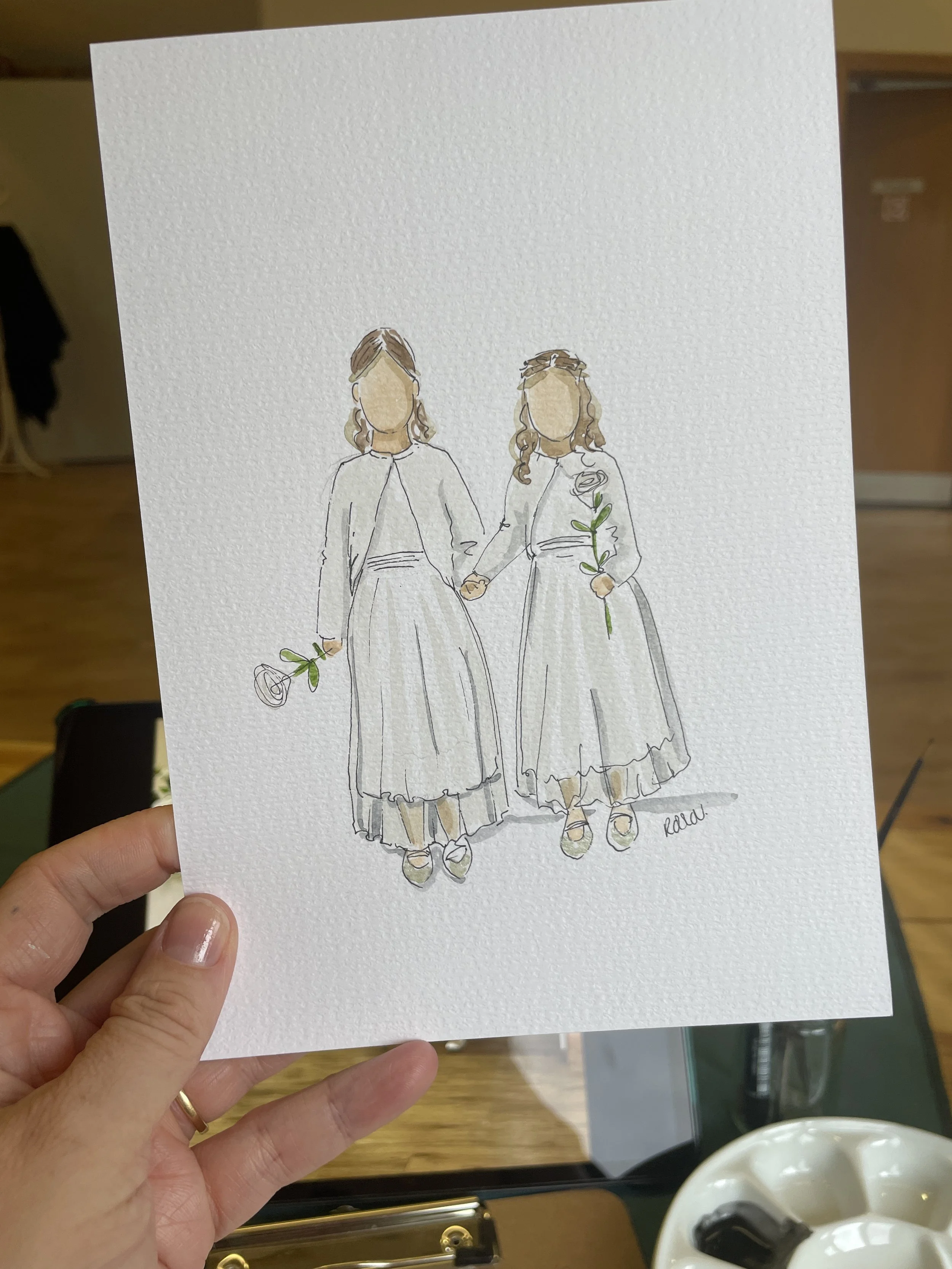 Watercolour painting of flower girls at wedding