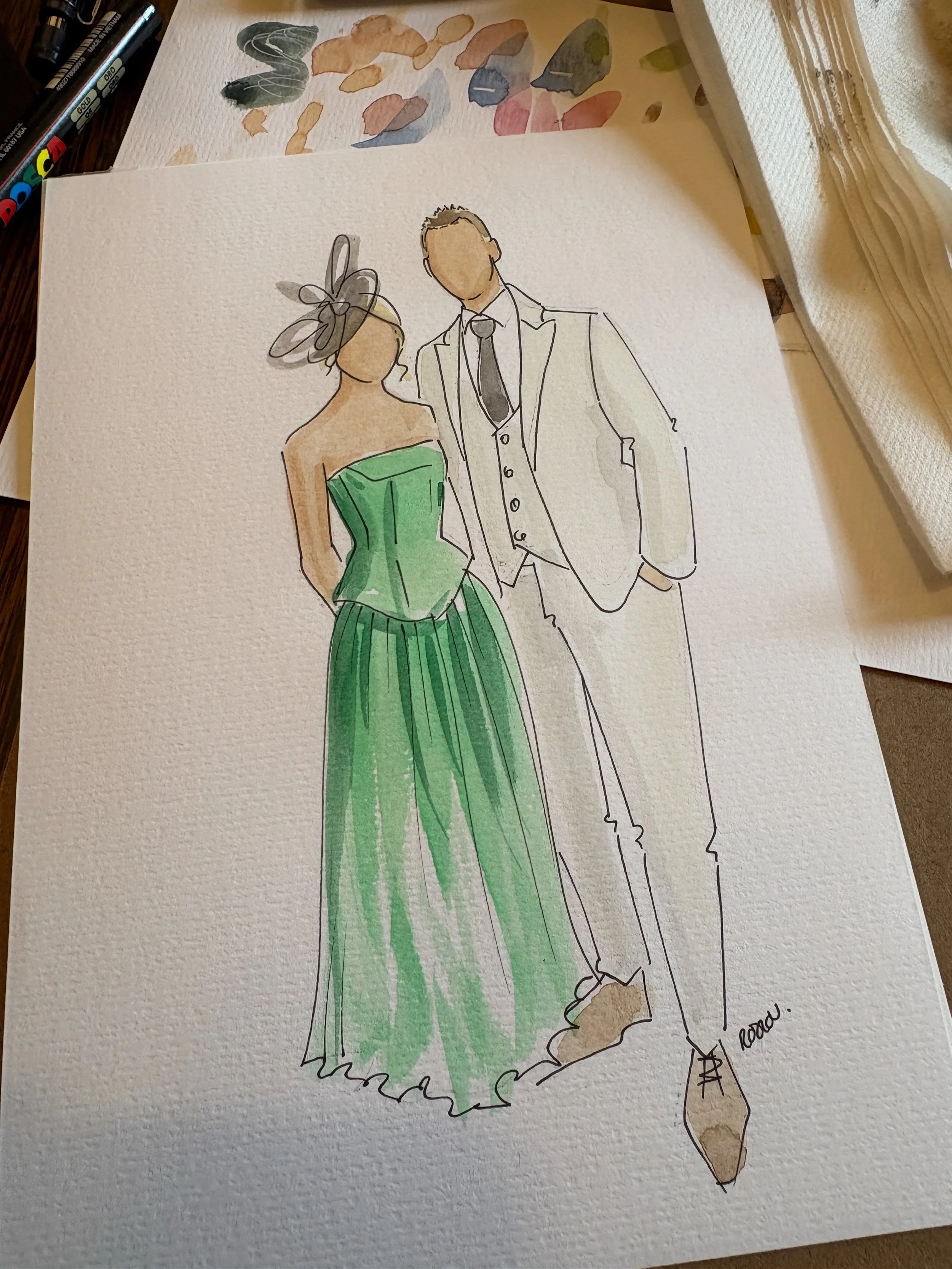 Lady in green dress painted in watercolour